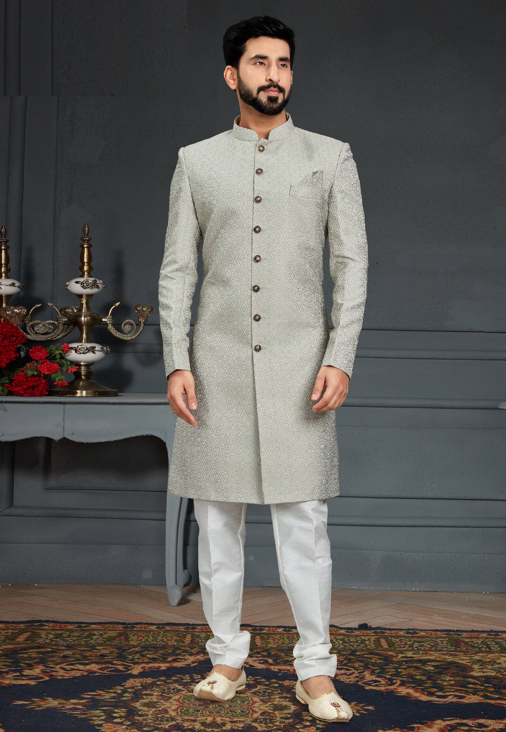 Off White Jacquard Indo Western Suit 246434