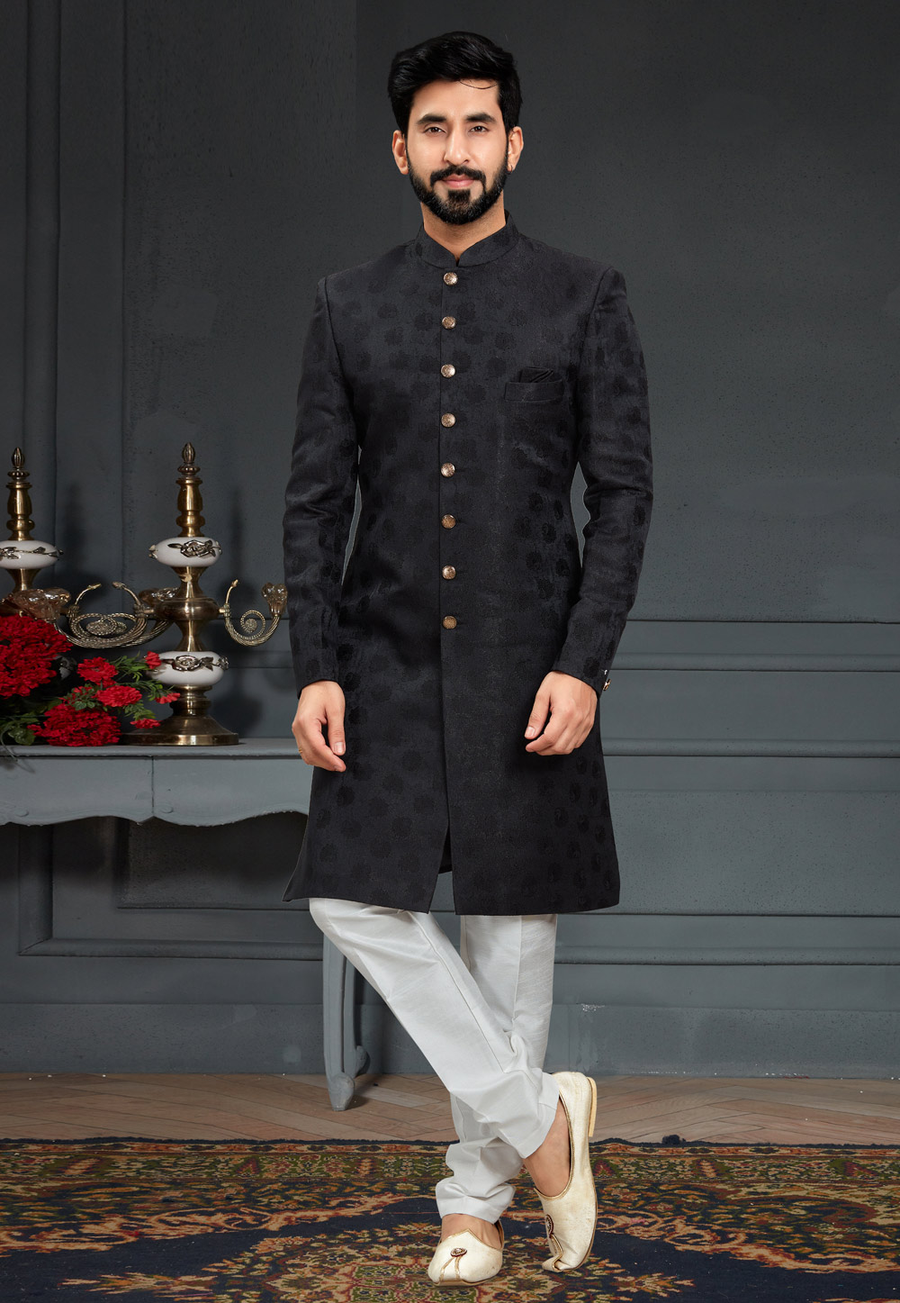 Black Jacquard Indo Western Suit 246437