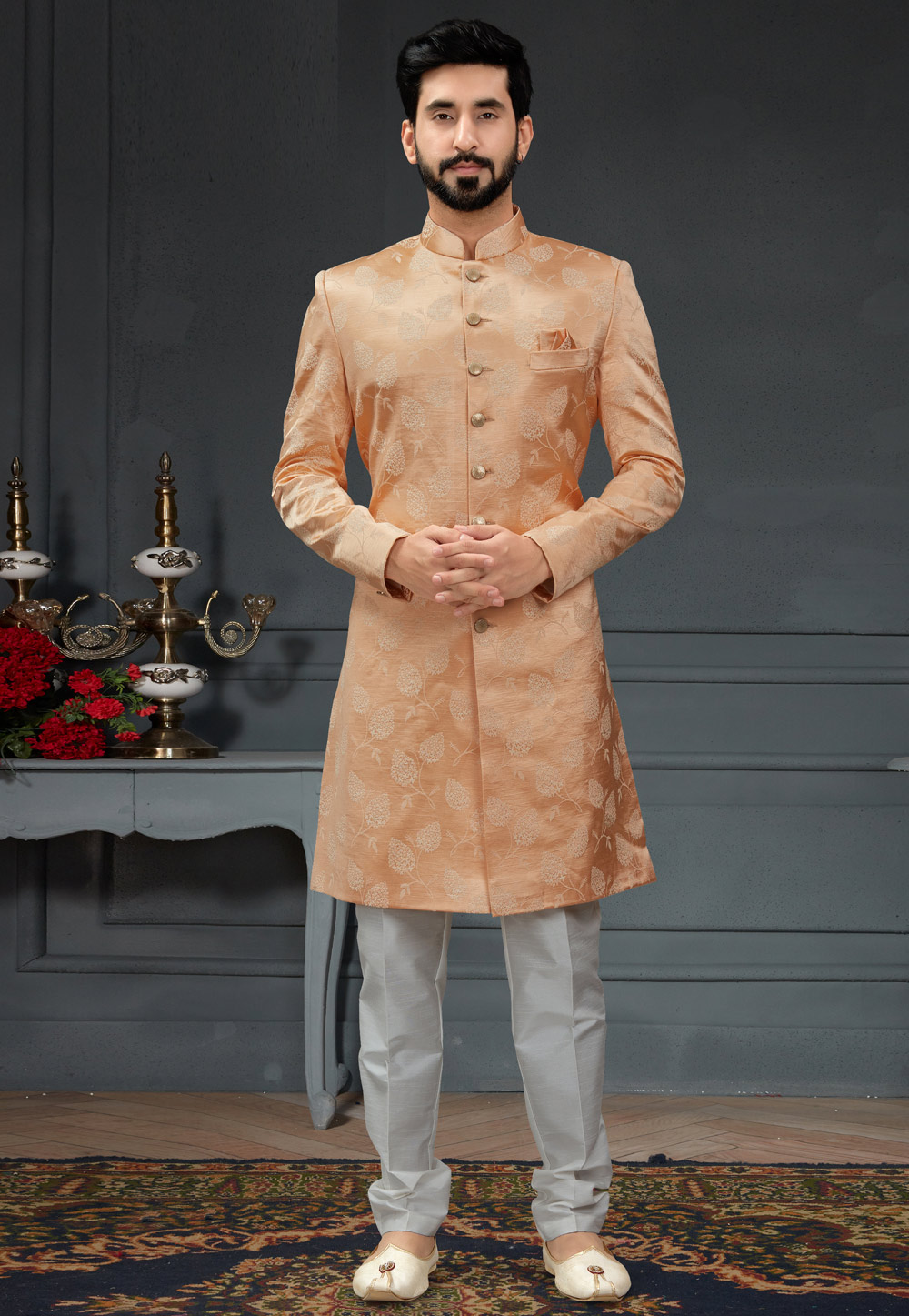 Peach Jacquard Indo Western Suit 246438