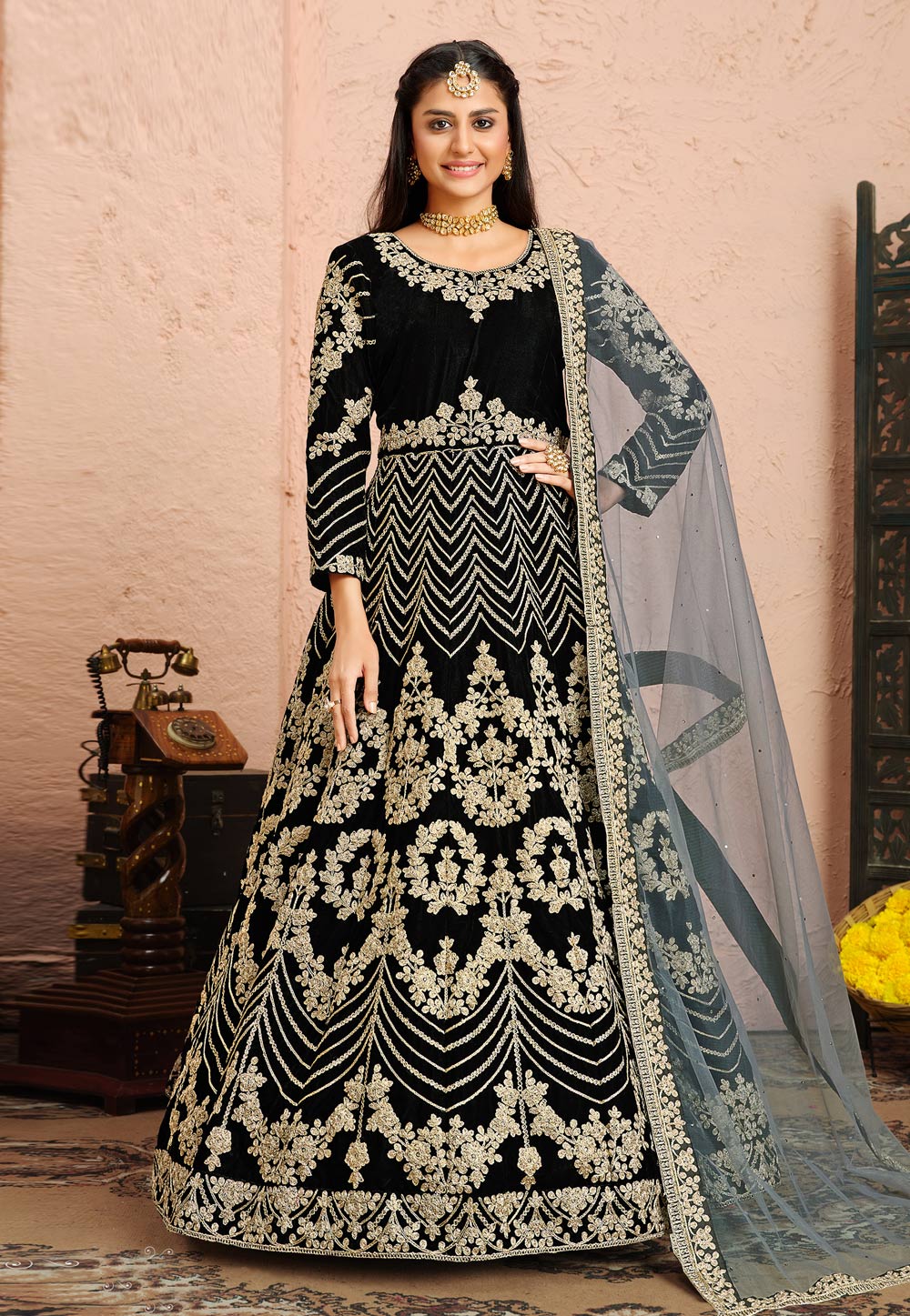 Black Velvet Long Anarkali Suit 234795