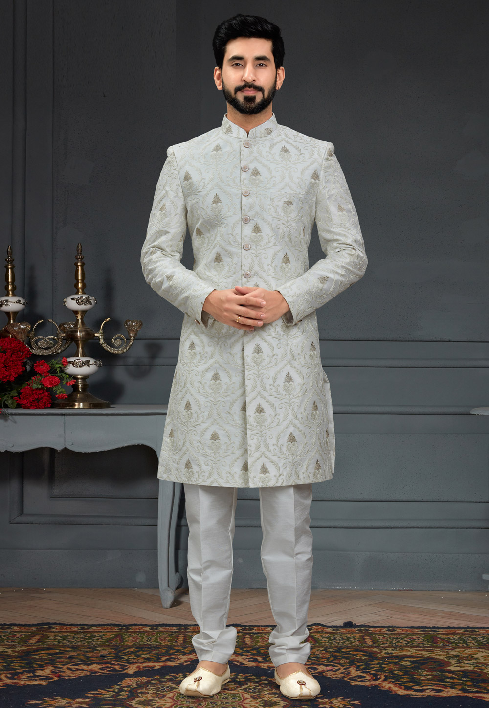 Off White Silk Indo Western Suit 246440