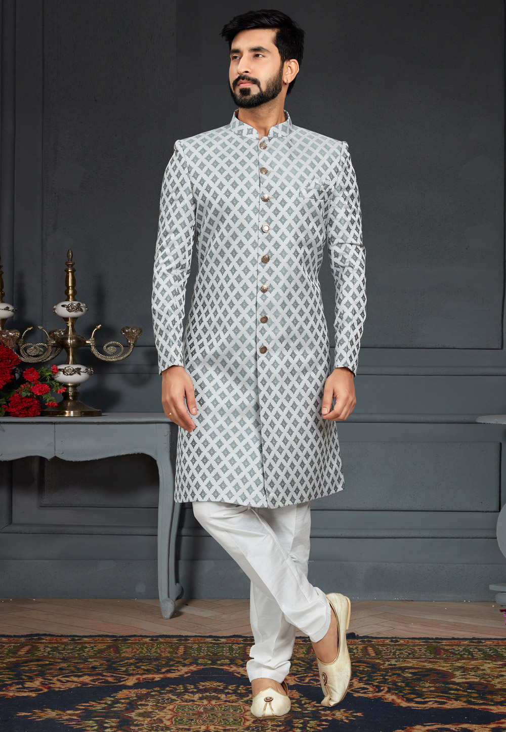 Grey Jacquard Indo Western Suit 246447