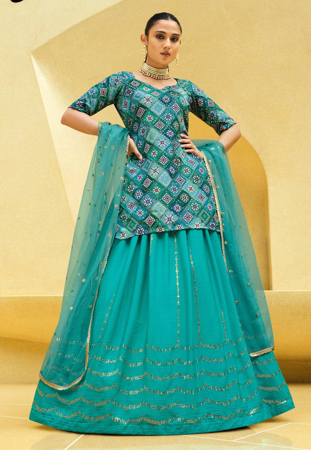 Turquoise Chinon Silk Indo Western Lehenga Choli 260113