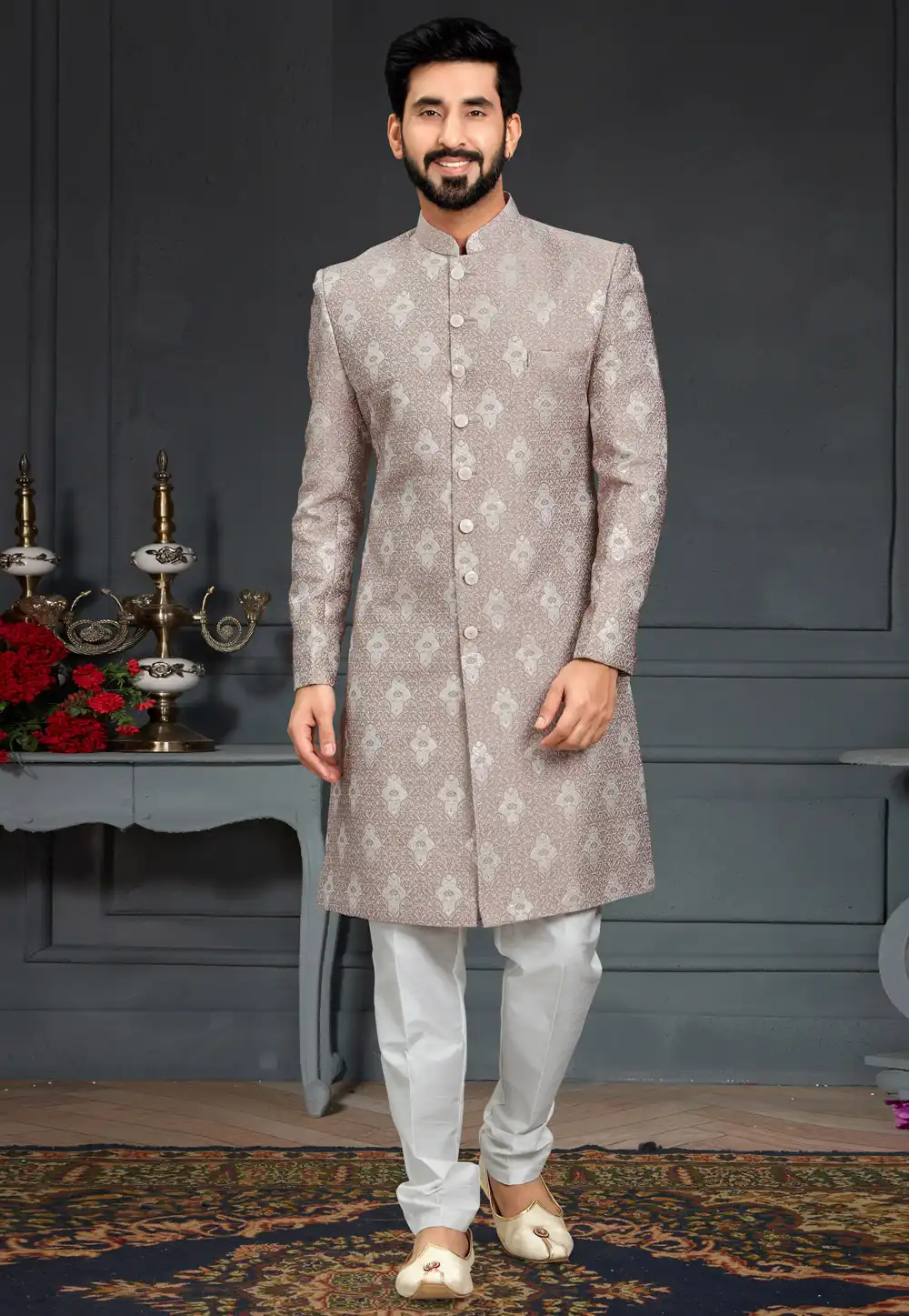 Beige Jacquard Indo Western Suit 246450