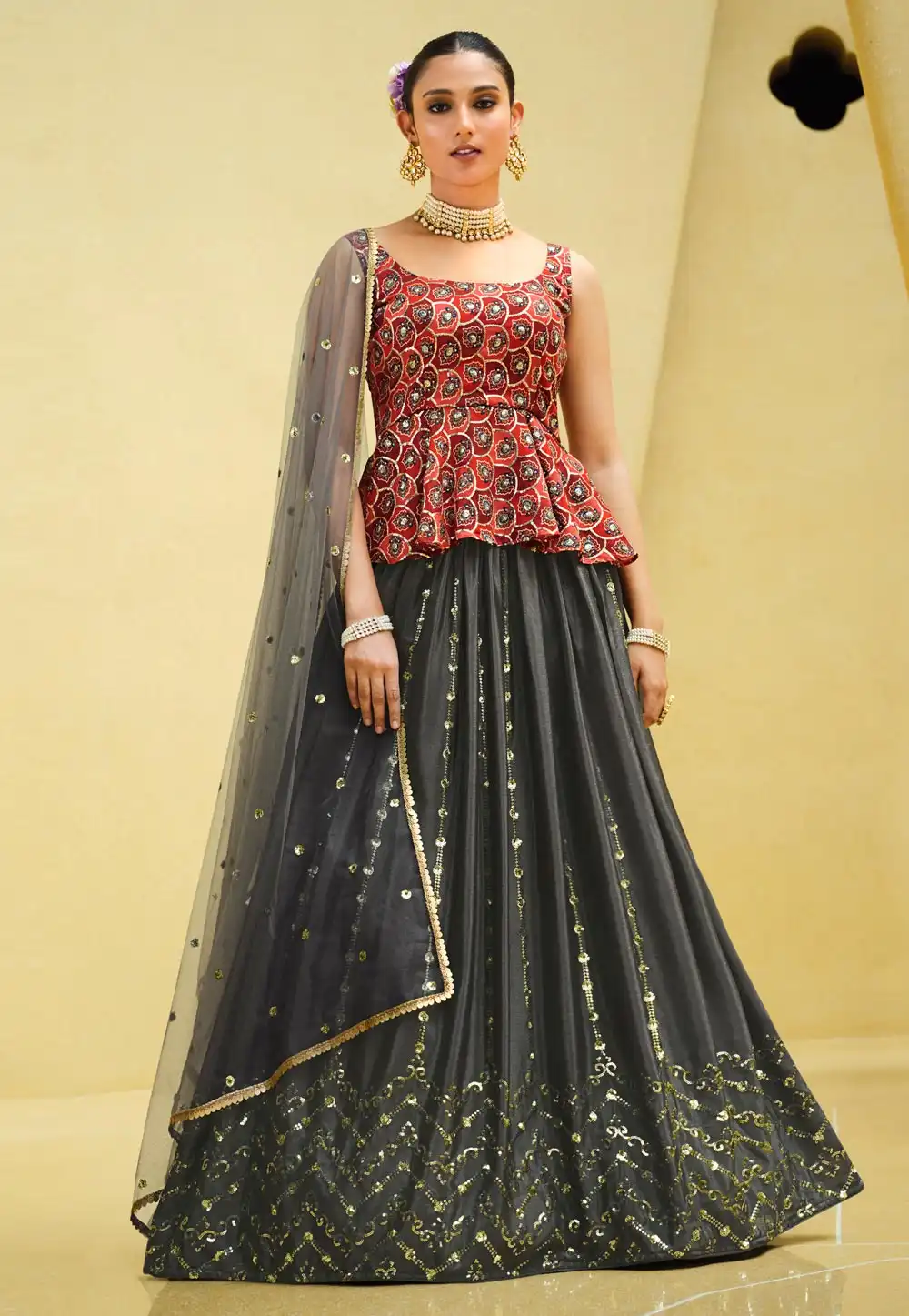 Grey Chinon Silk Long Choli Lehenga 260114