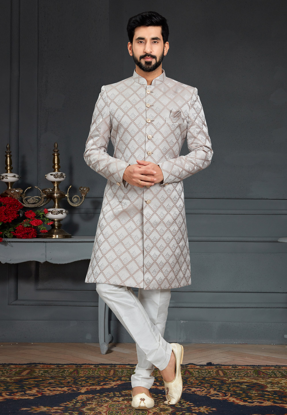 Grey Jacquard Indo Western Suit 246451