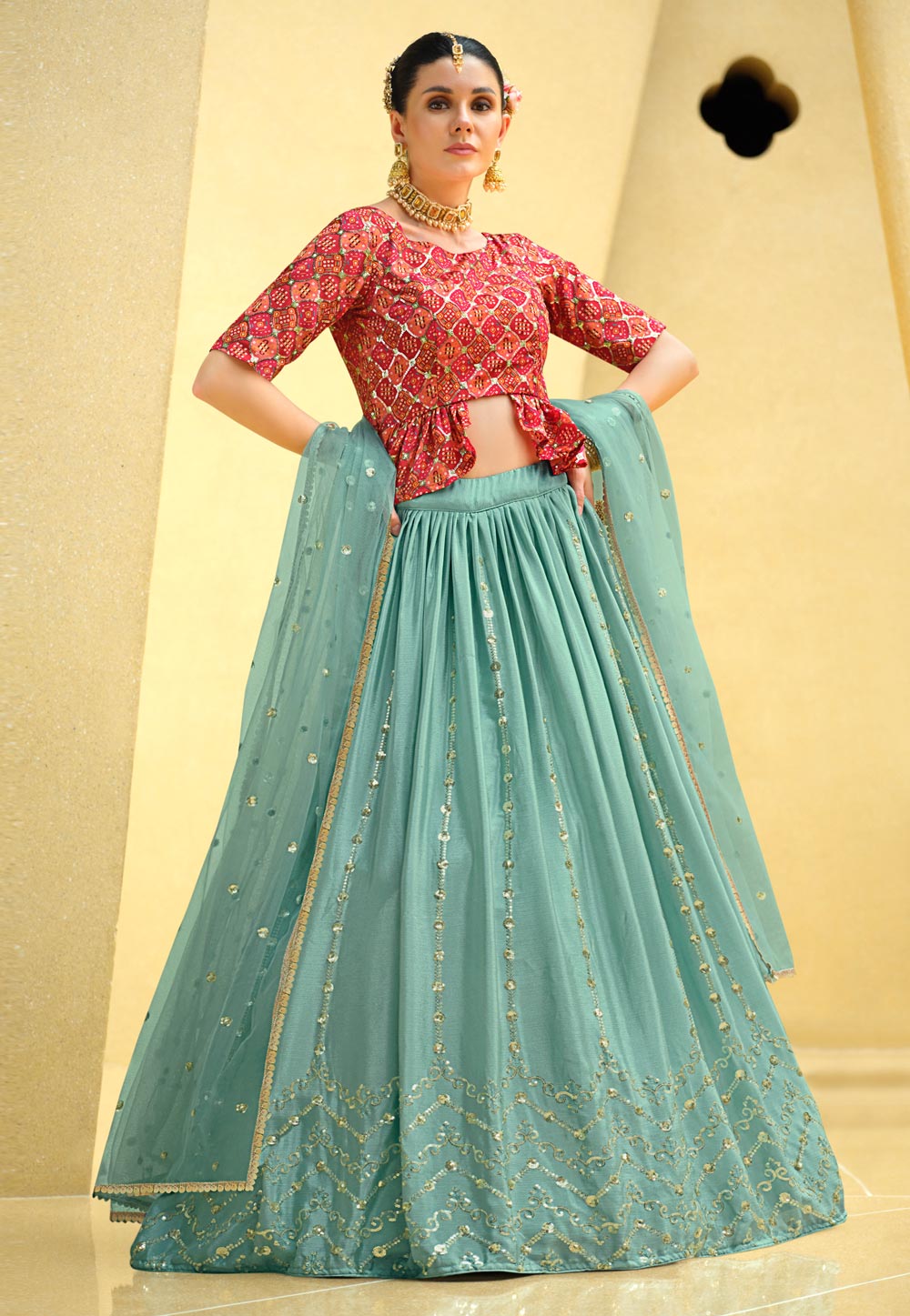 Sea Green Chinon Silk Indo Western Lehenga Choli 260115