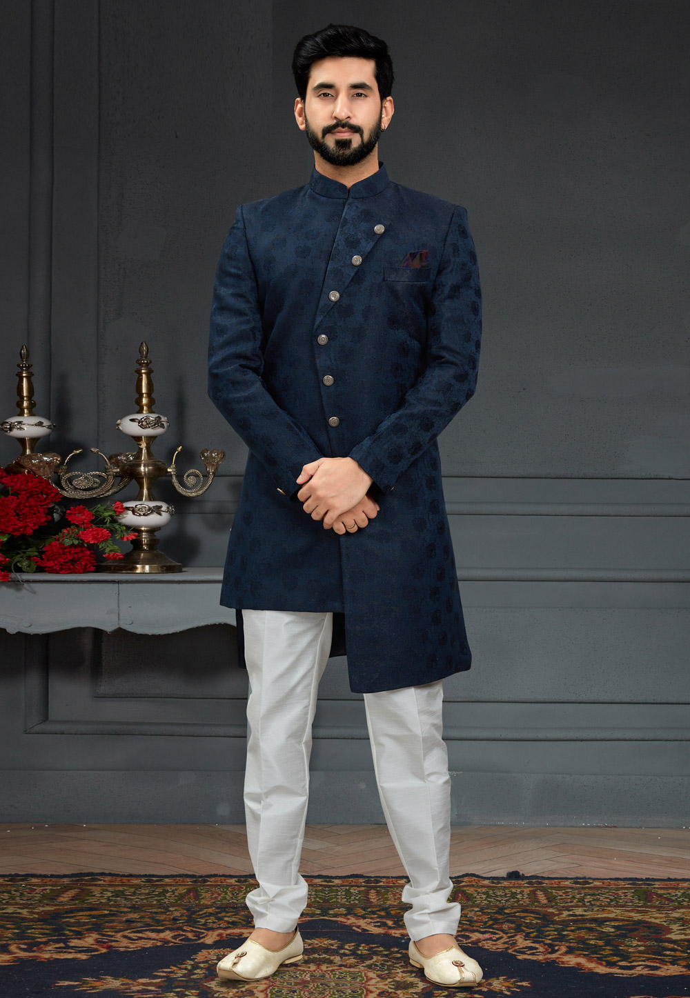 Navy Blue Jacquard Indo Western Suit 246453