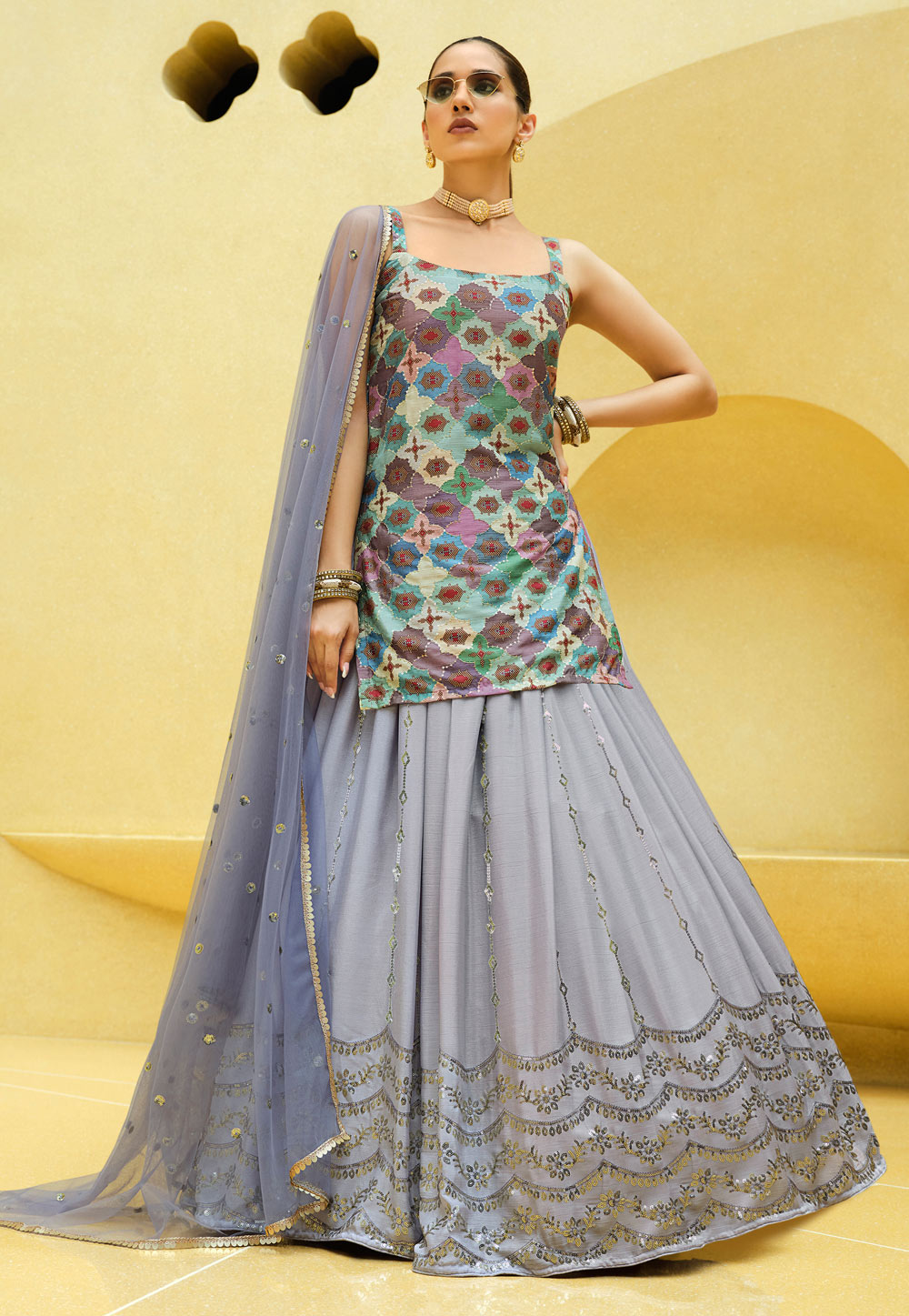 Grey Chinon Silk Indo Western Lehenga Choli 260117