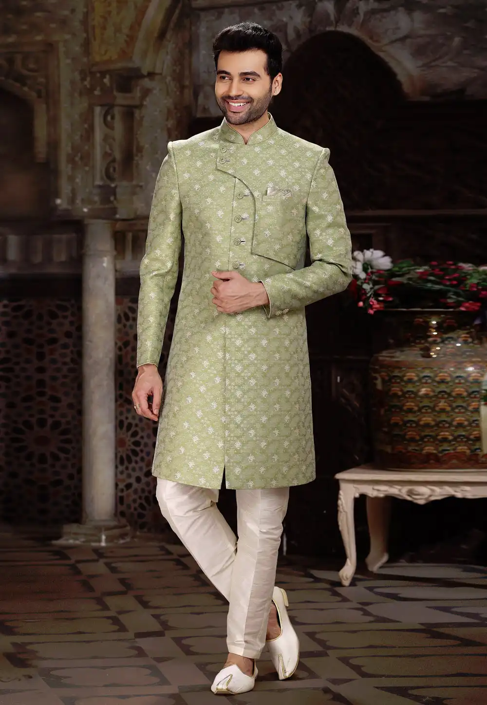 Light Green Banarasi Jacquard Indo Western Sherwani 264742