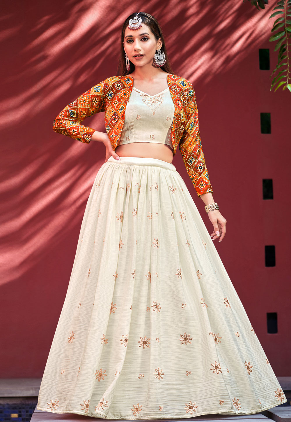 Off White Chiffon Jacket Style Lehenga Choli 258753