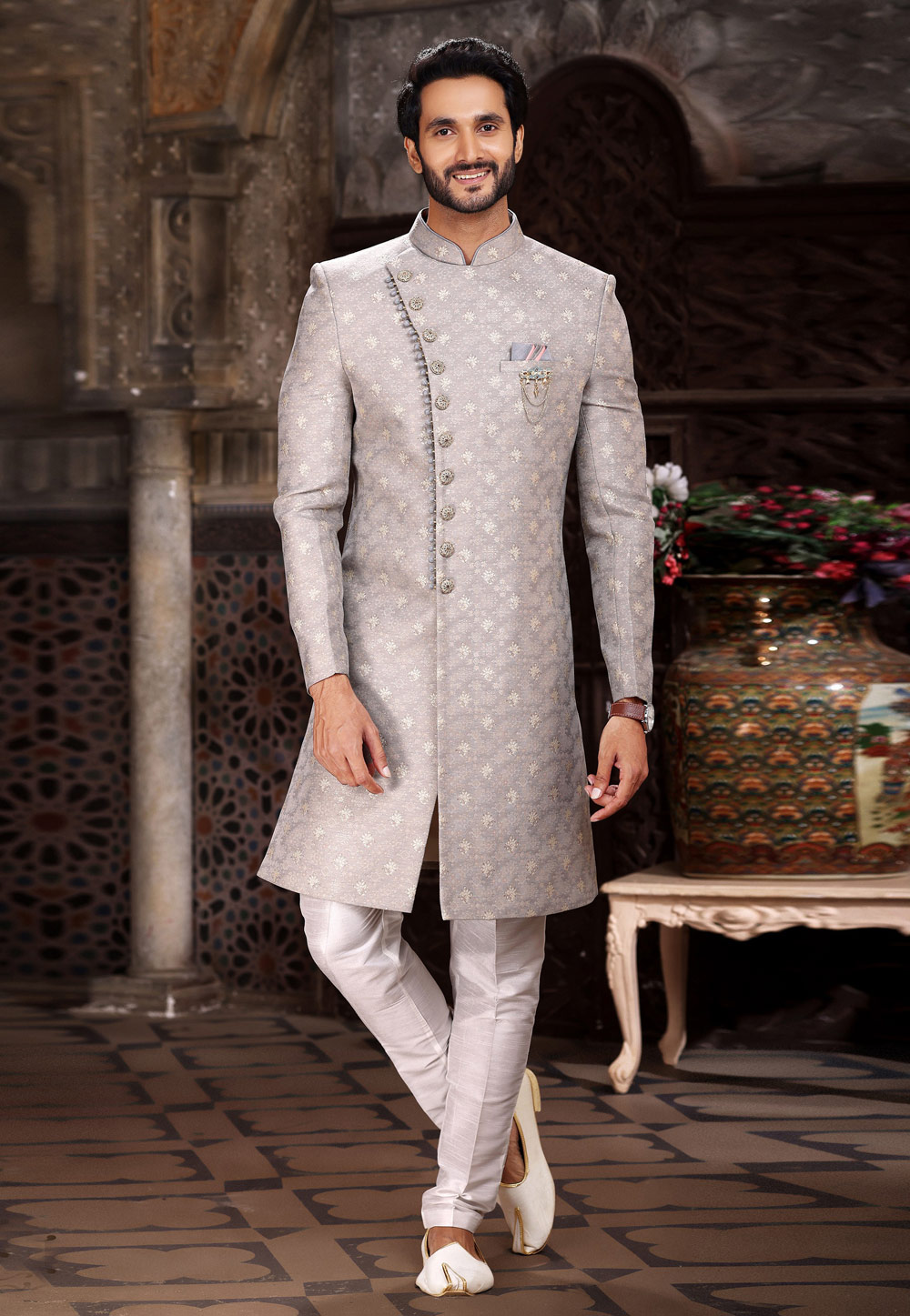 Grey Banarasi Jacquard Indo Western Sherwani 264743