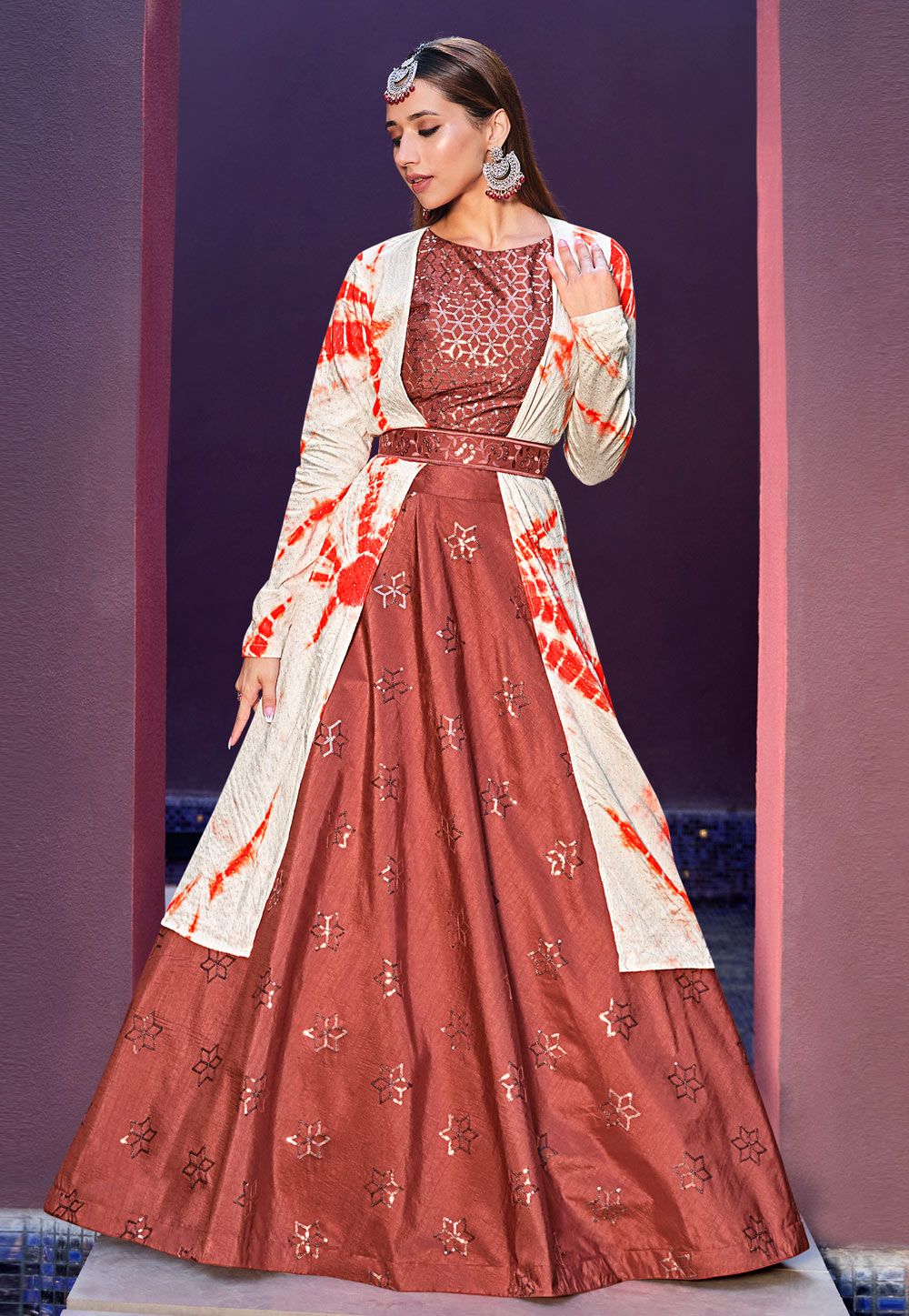 Rust Art Silk Indo Western Lehenga Choli 258754