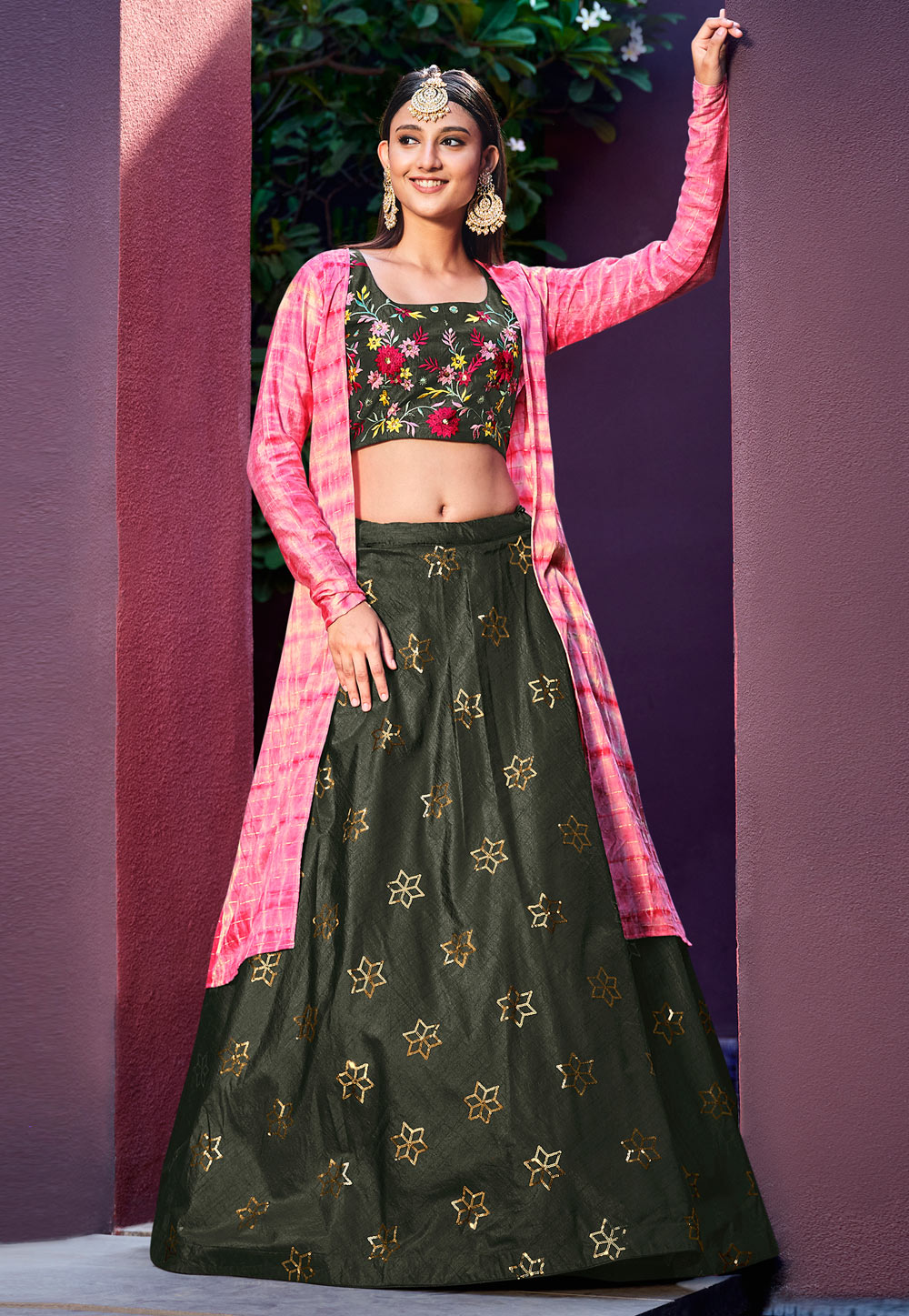 Camo Green Art Silk Indo Western Lehenga Choli 258756