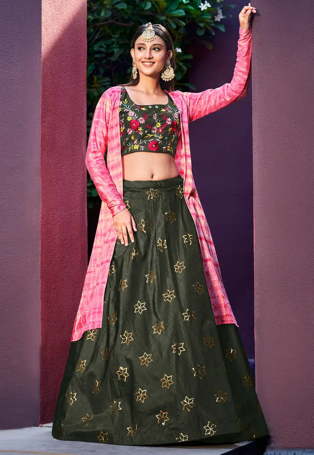 Camo Green Art Silk Indo Western Lehenga Choli 258756