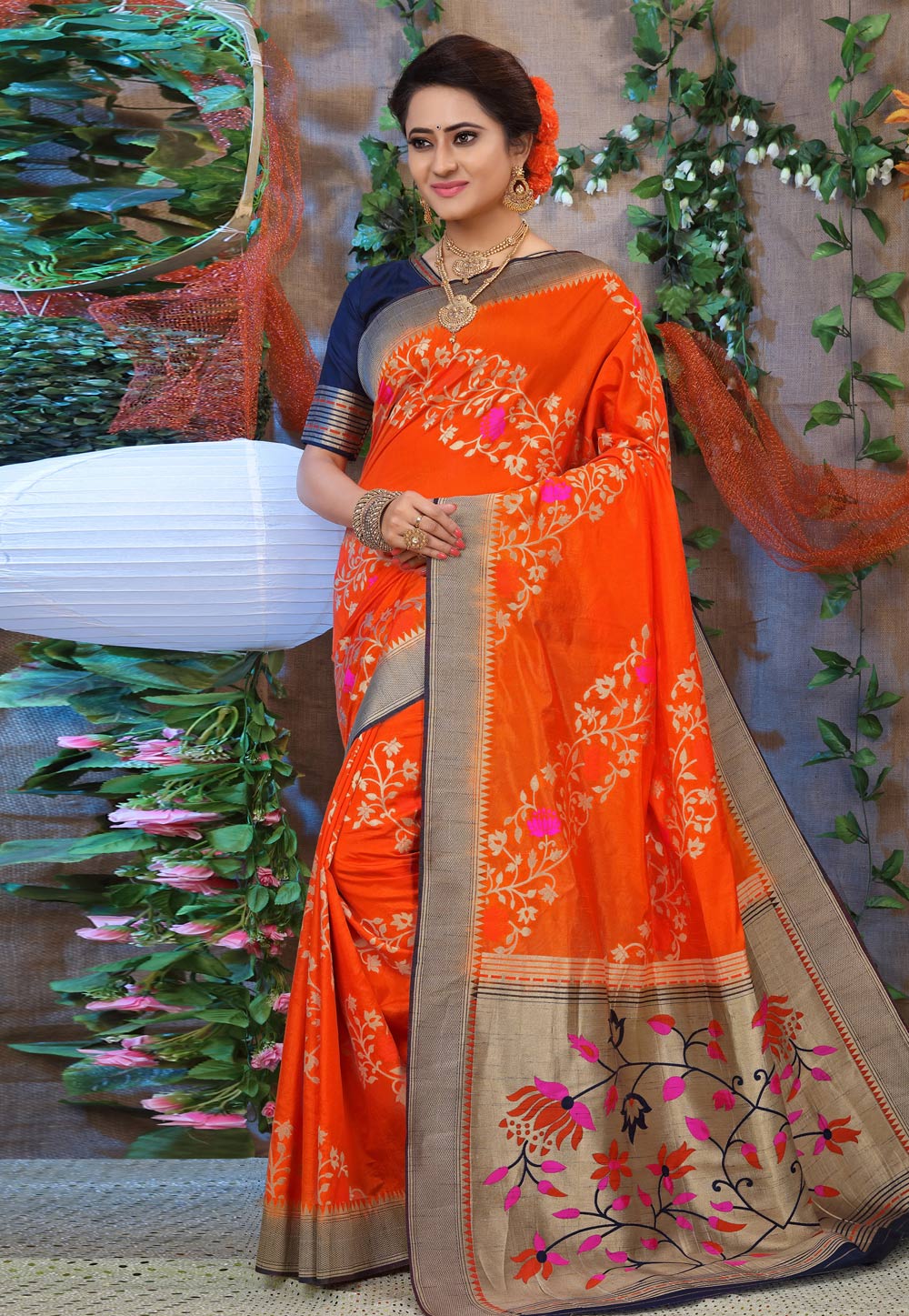 Orange Jacquard Saree With Blouse 169013