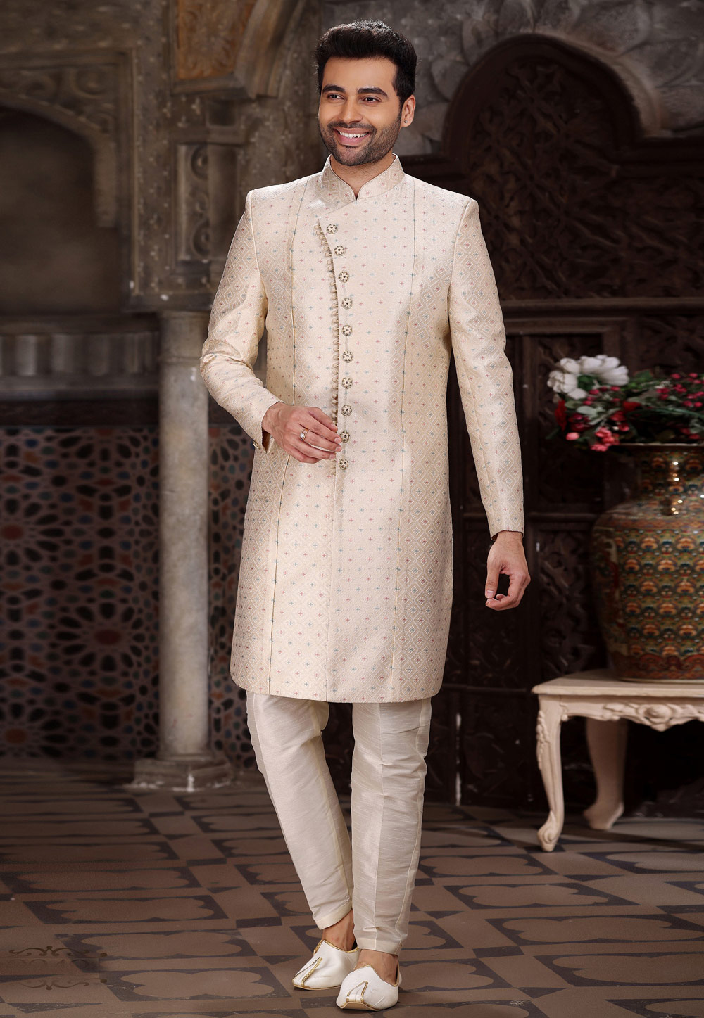 Cream Banarasi Jacquard Indo Western Sherwani 264747