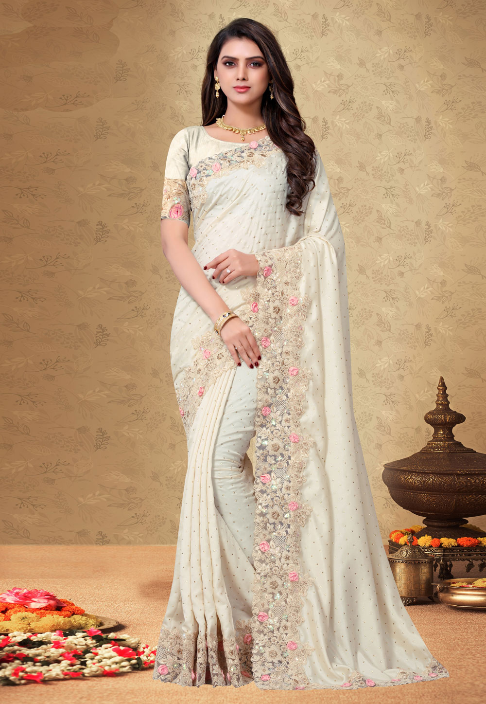 Cream Silk Festival Wear Saree 204893