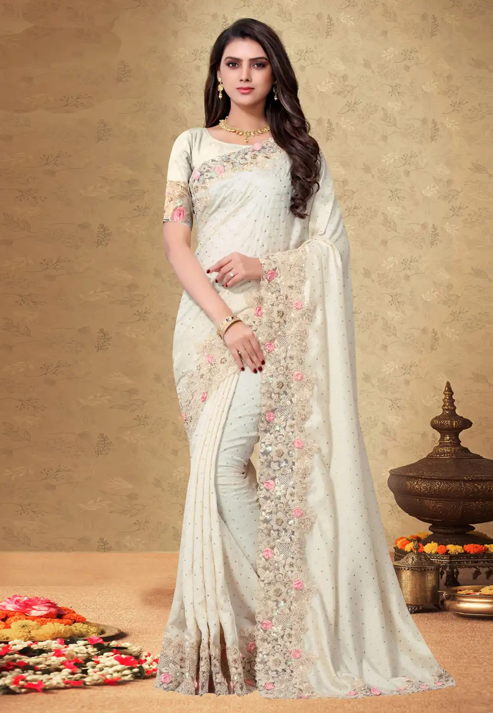 Cream Silk Festival Wear Saree 204893