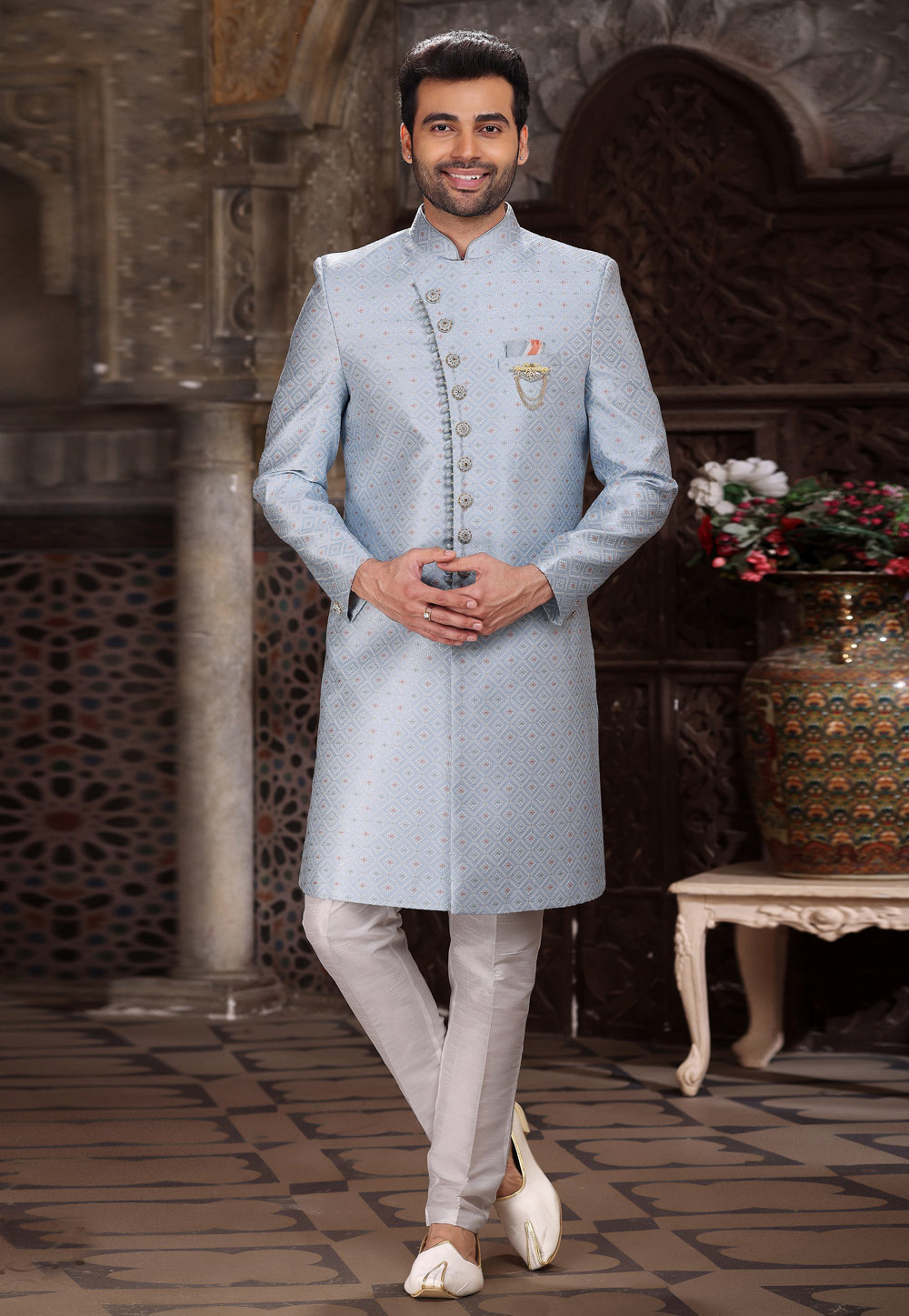 Sky Blue Banarasi Jacquard Indo Western Sherwani 264748
