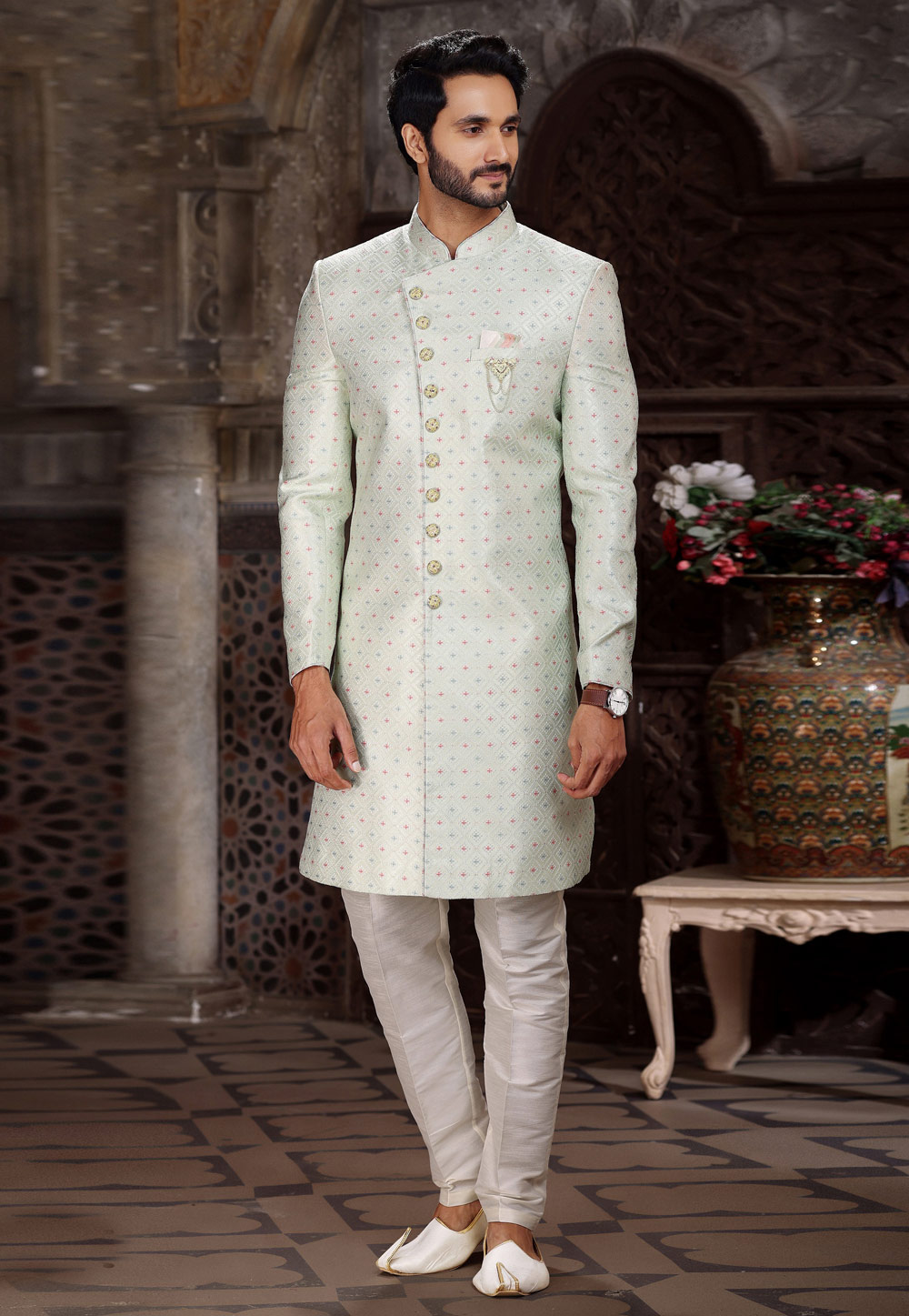 Pista Green Banarasi Jacquard Indo Western Sherwani 264749