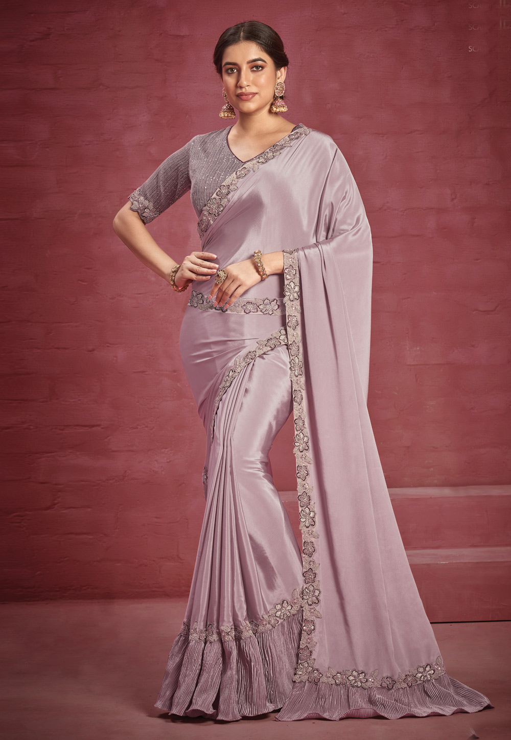 Light Pink Crepe Silk Saree With Blouse 256822