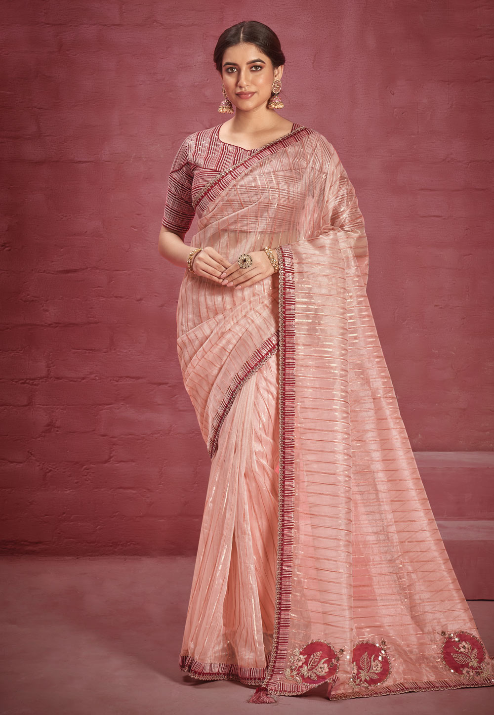Peach Jacquard Saree With Blouse 256829