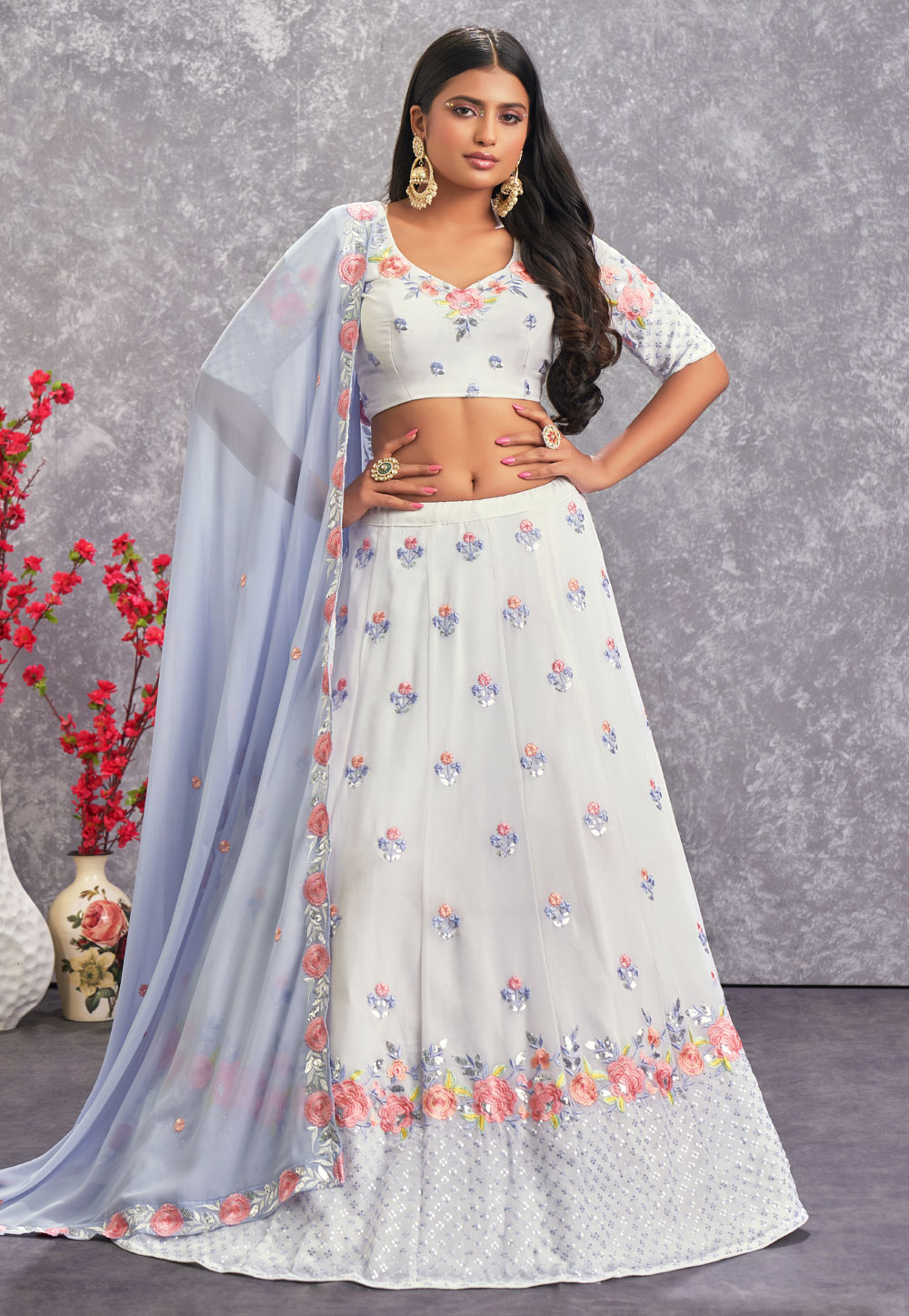 Off White Georgette Circular Lehenga Choli 254761