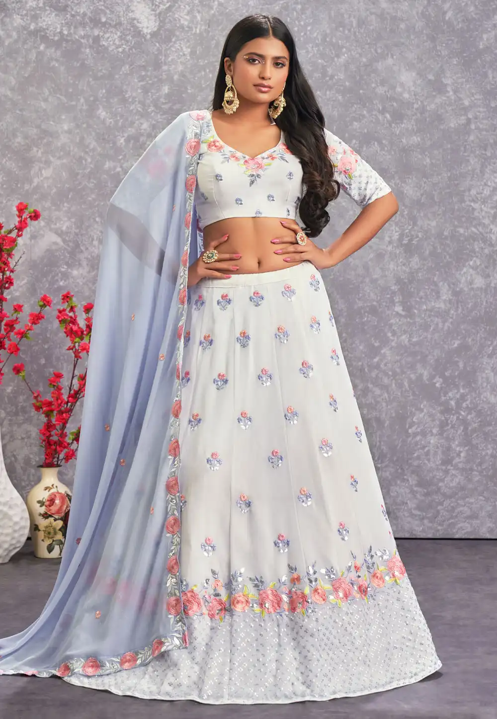 Off White Georgette Circular Lehenga Choli 254761