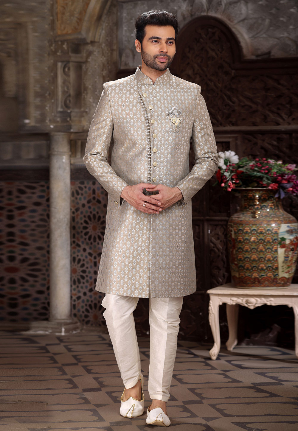 Brown Banarasi Jacquard Indo Western Sherwani 264753