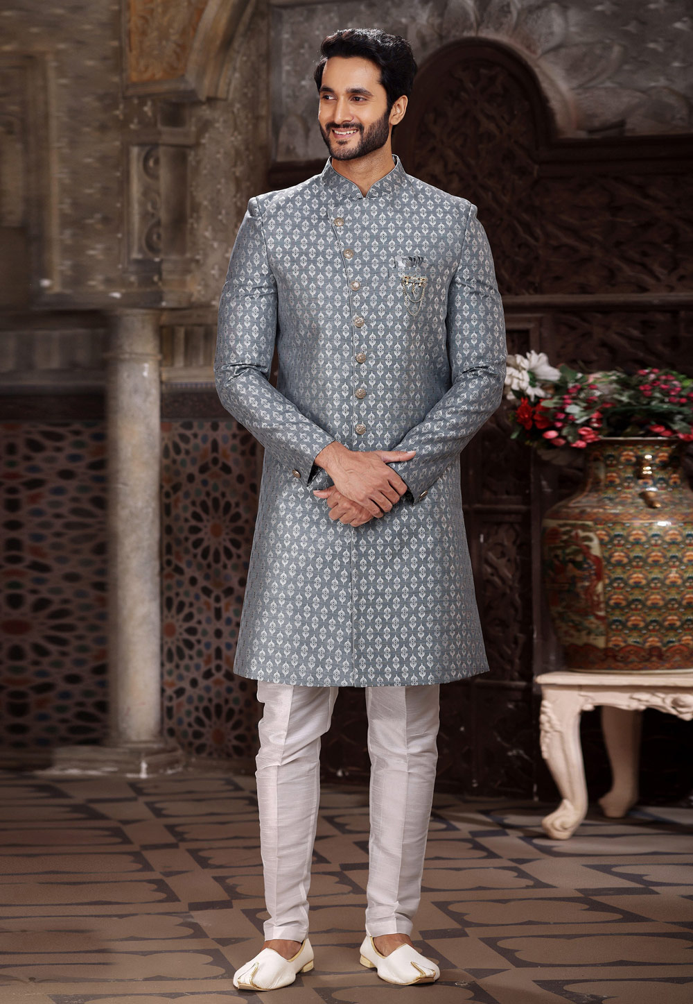 Grey Banarasi Jacquard Indo Western Sherwani 264754