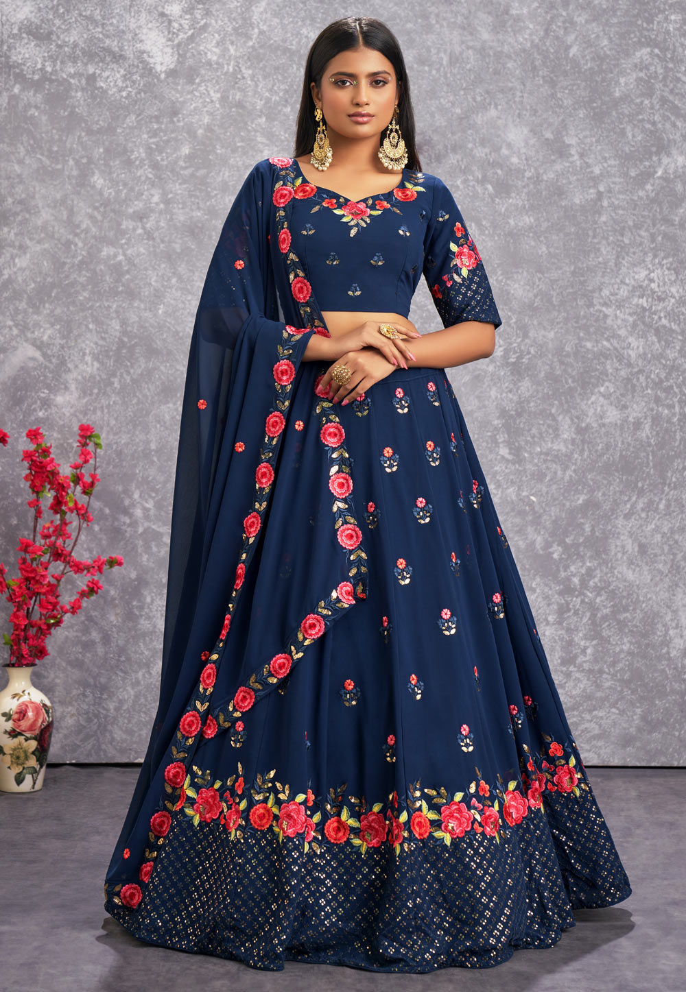 Navy Blue Georgette Circular Lehenga Choli 254765