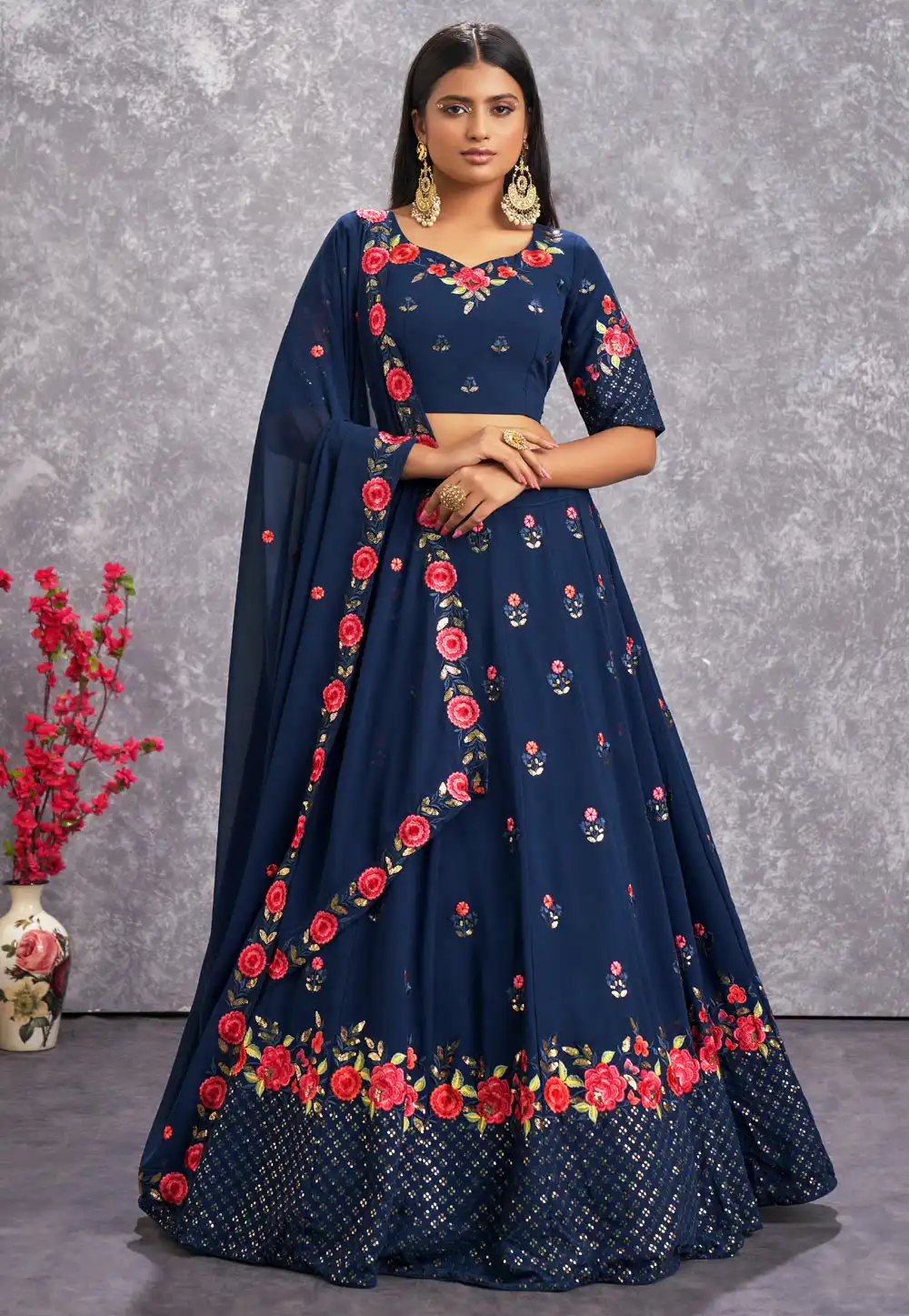 Navy Blue Georgette Circular Lehenga Choli 254765
