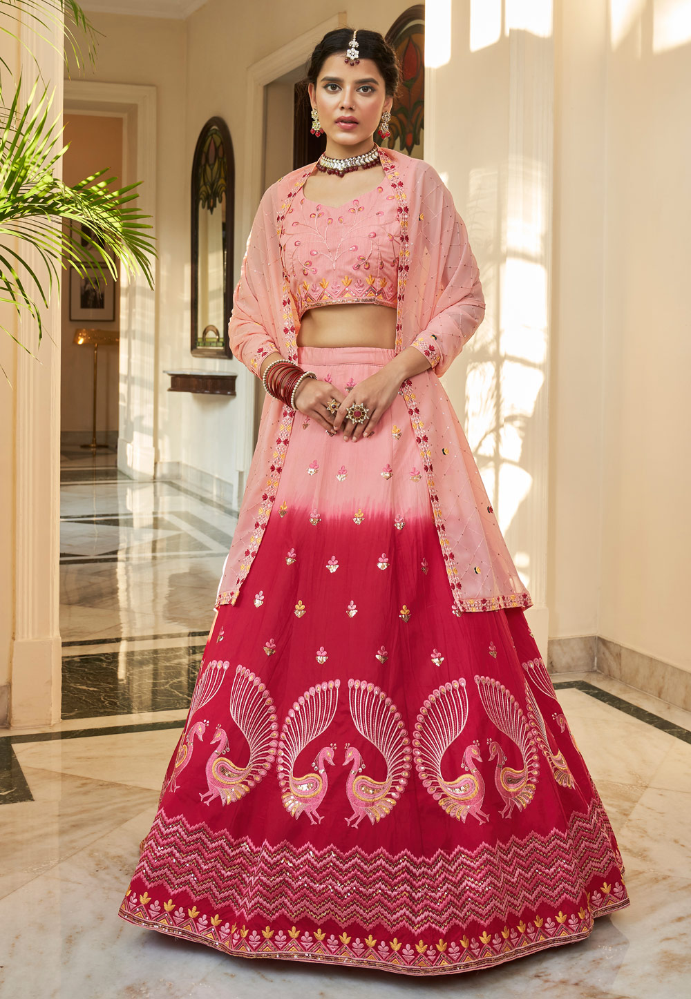 Peach Art Silk A Line Lehenga Choli 257968
