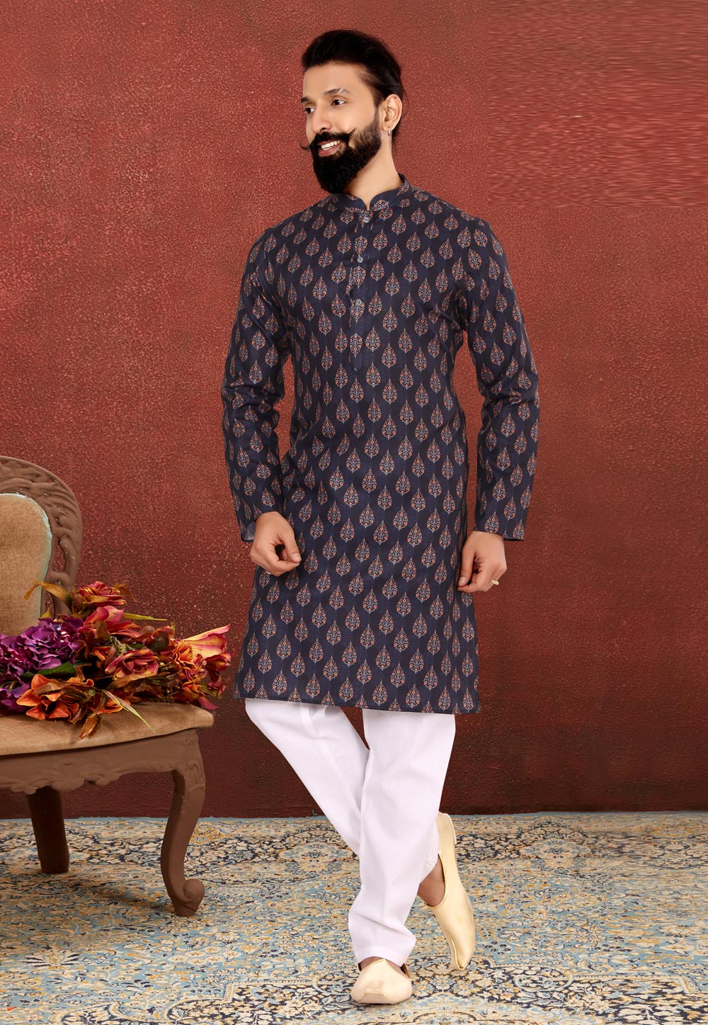 Navy Blue Cotton Kurta Pajama 240432