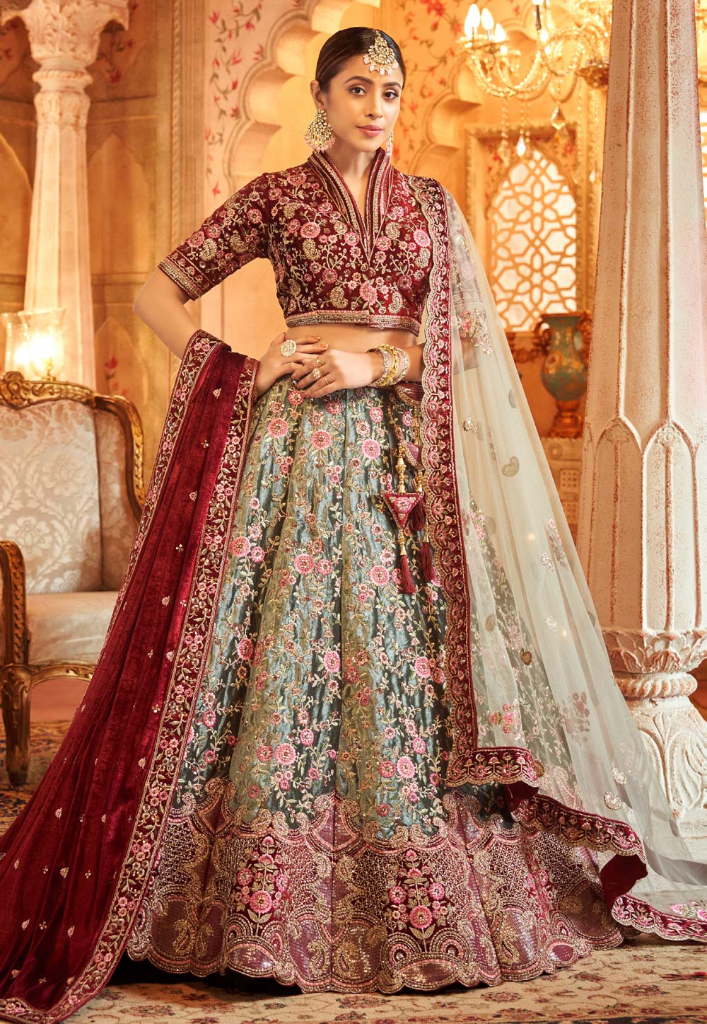 Green Velvet Bridal Lehenga Choli 277246