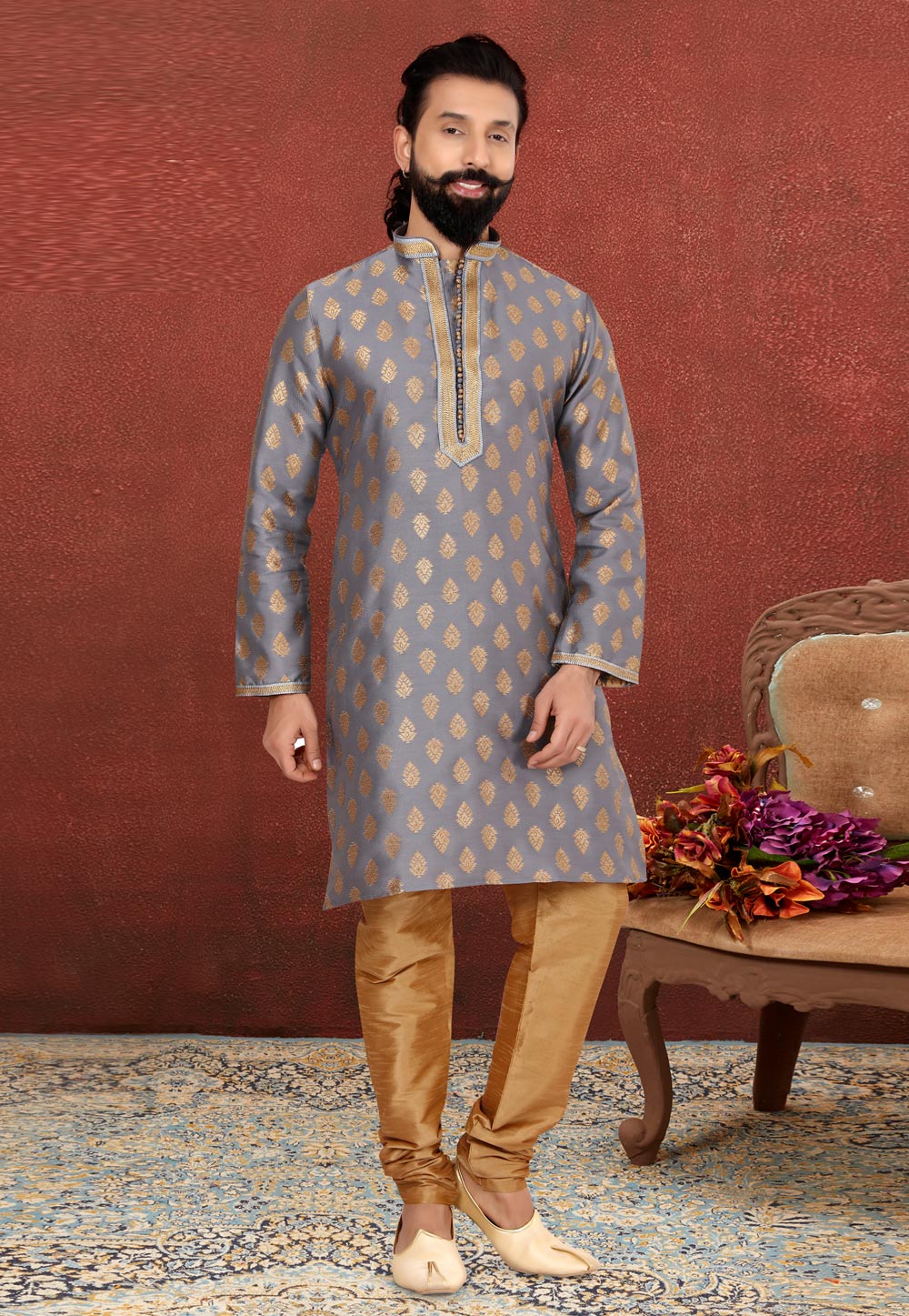 Grey Jacquard Silk Kurta Pajama 240433