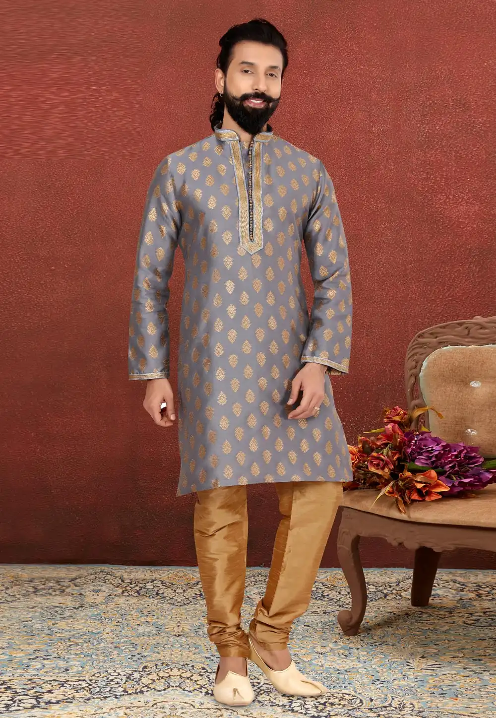 Grey Jacquard Silk Kurta Pajama 240433