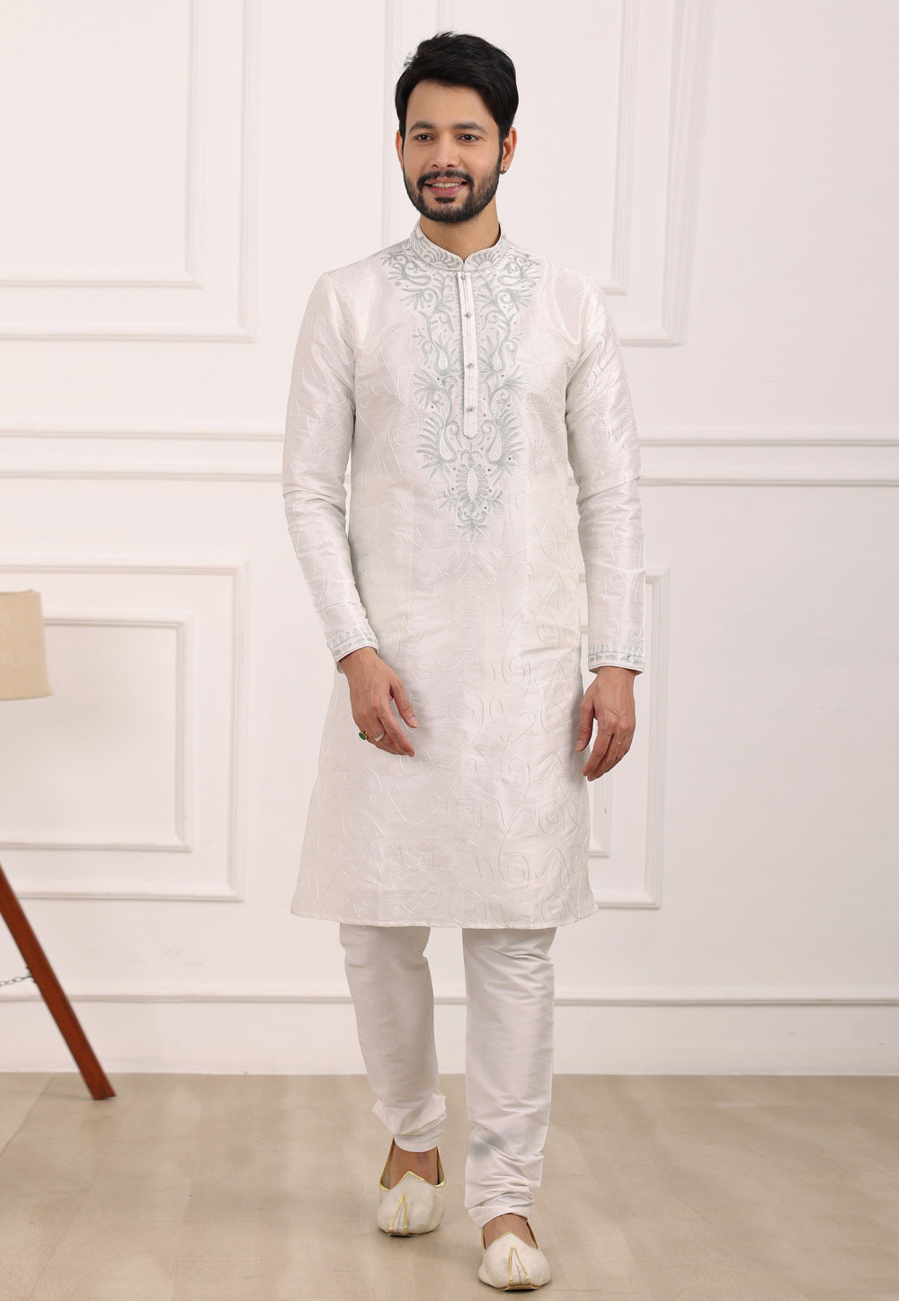 Off White Art Silk Kurta Pajama 275735