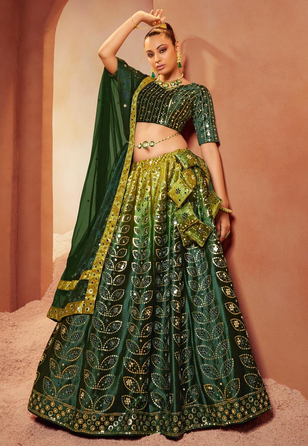Green Velvet Circular Lehenga Choli 256776