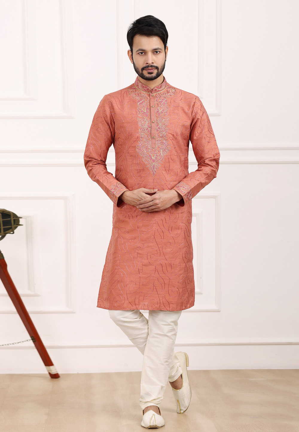 Peach Art Silk Kurta Pajama 275741