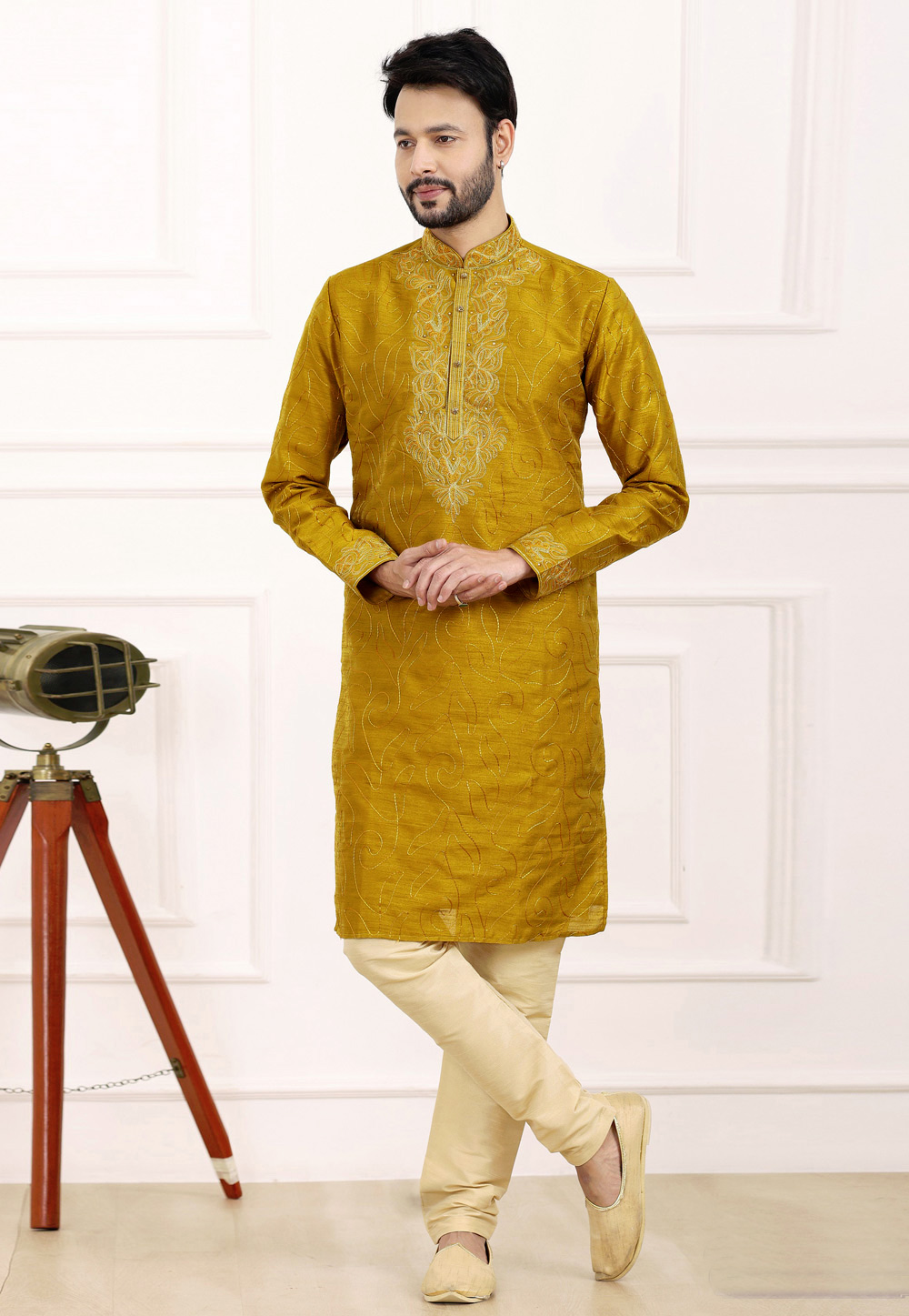 Mustard Art Silk Kurta Pajama 275742