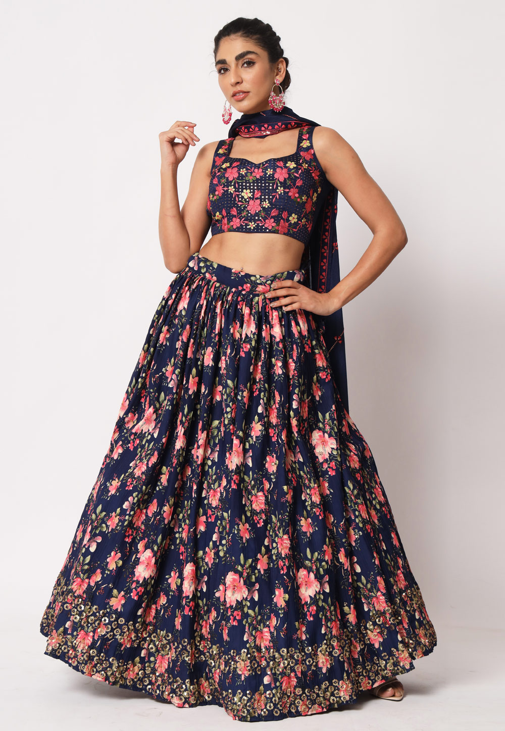Navy Blue Art Silk Floral Lehenga Choli 259662