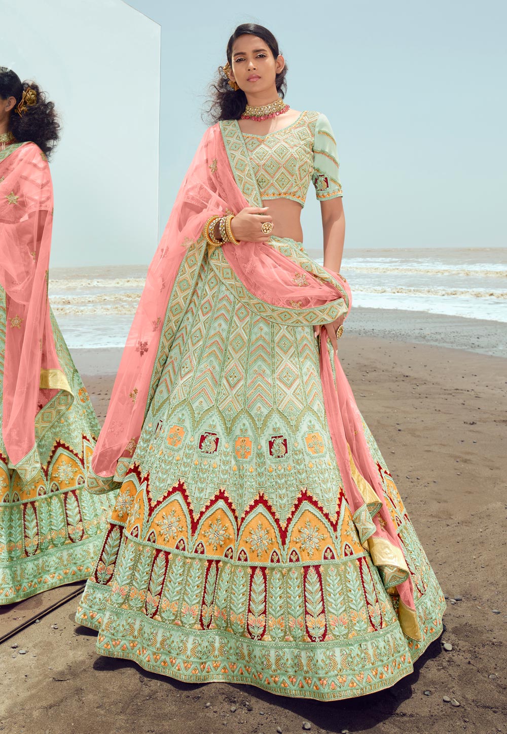 Pista Green Georgette A Line Lehenga Choli 248938