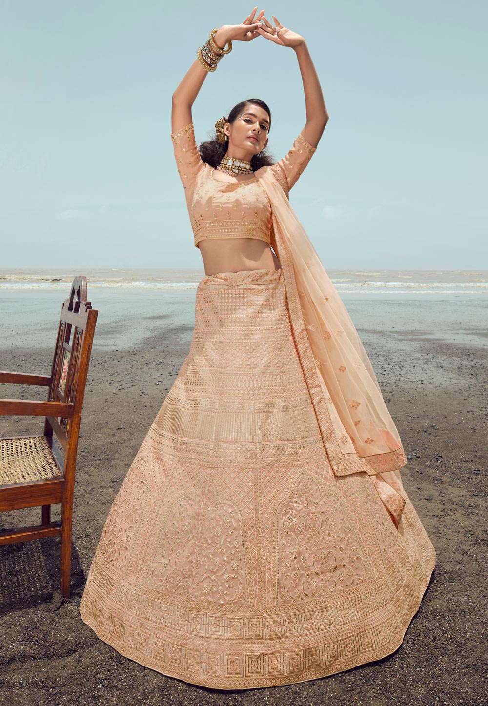 Peach Organza A Line Lehenga Choli 248940