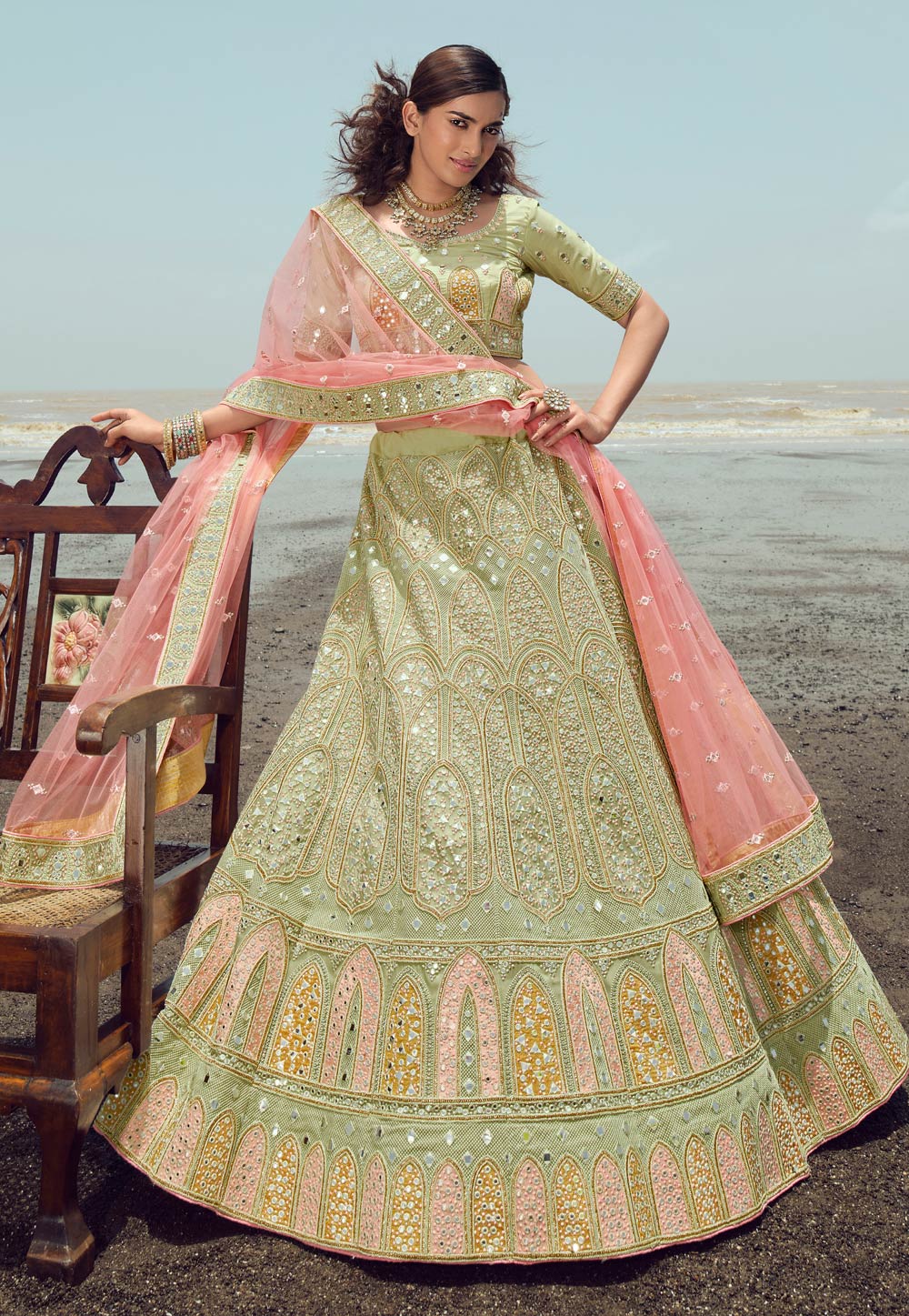 Pista Green Organza A Line Lehenga Choli 248941