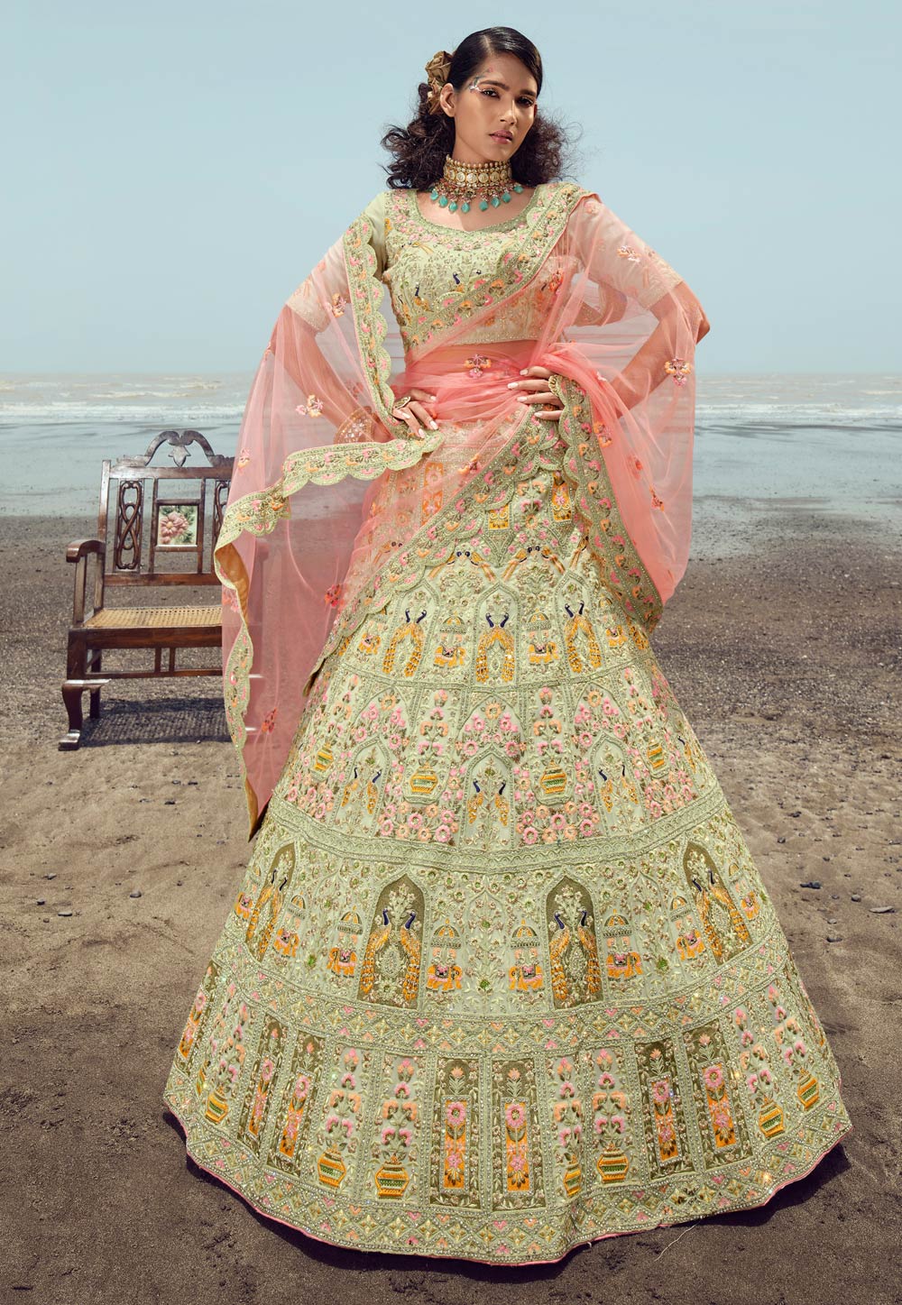 Pista Green Georgette A Line Lehenga Choli 248945