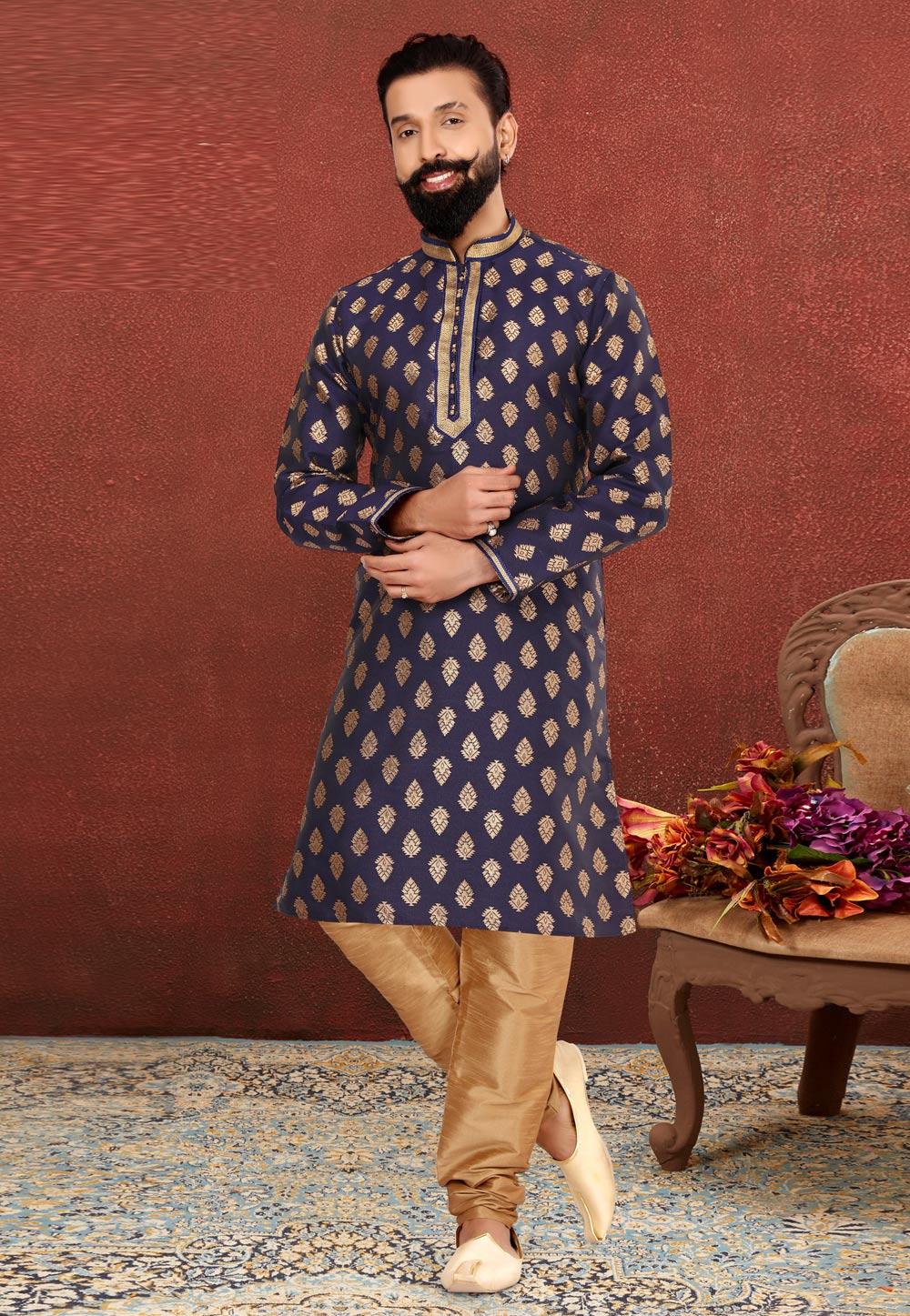 Navy Blue Jacquard Silk Kurta Pajama 240435