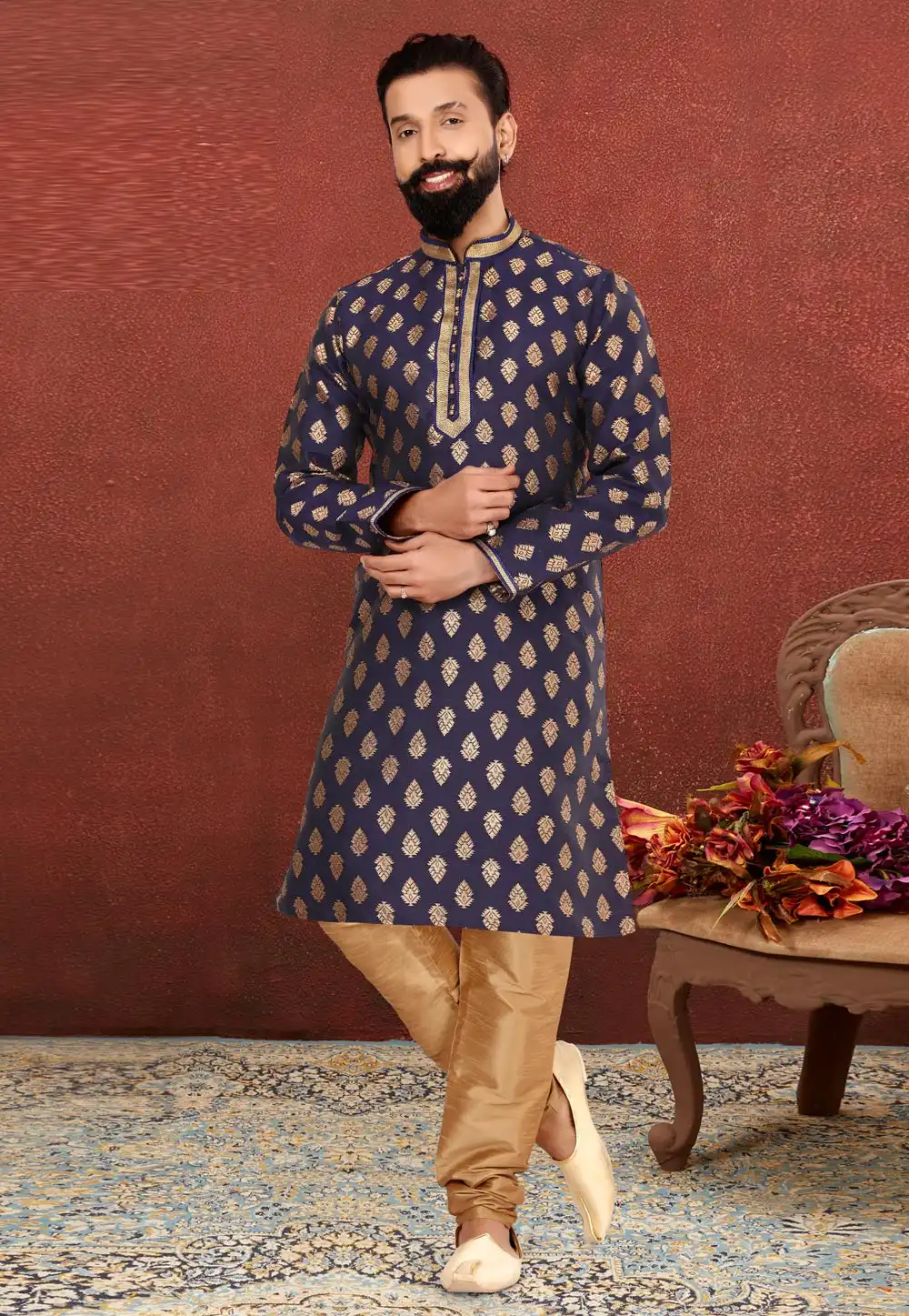 Navy Blue Jacquard Silk Kurta Pajama 240435