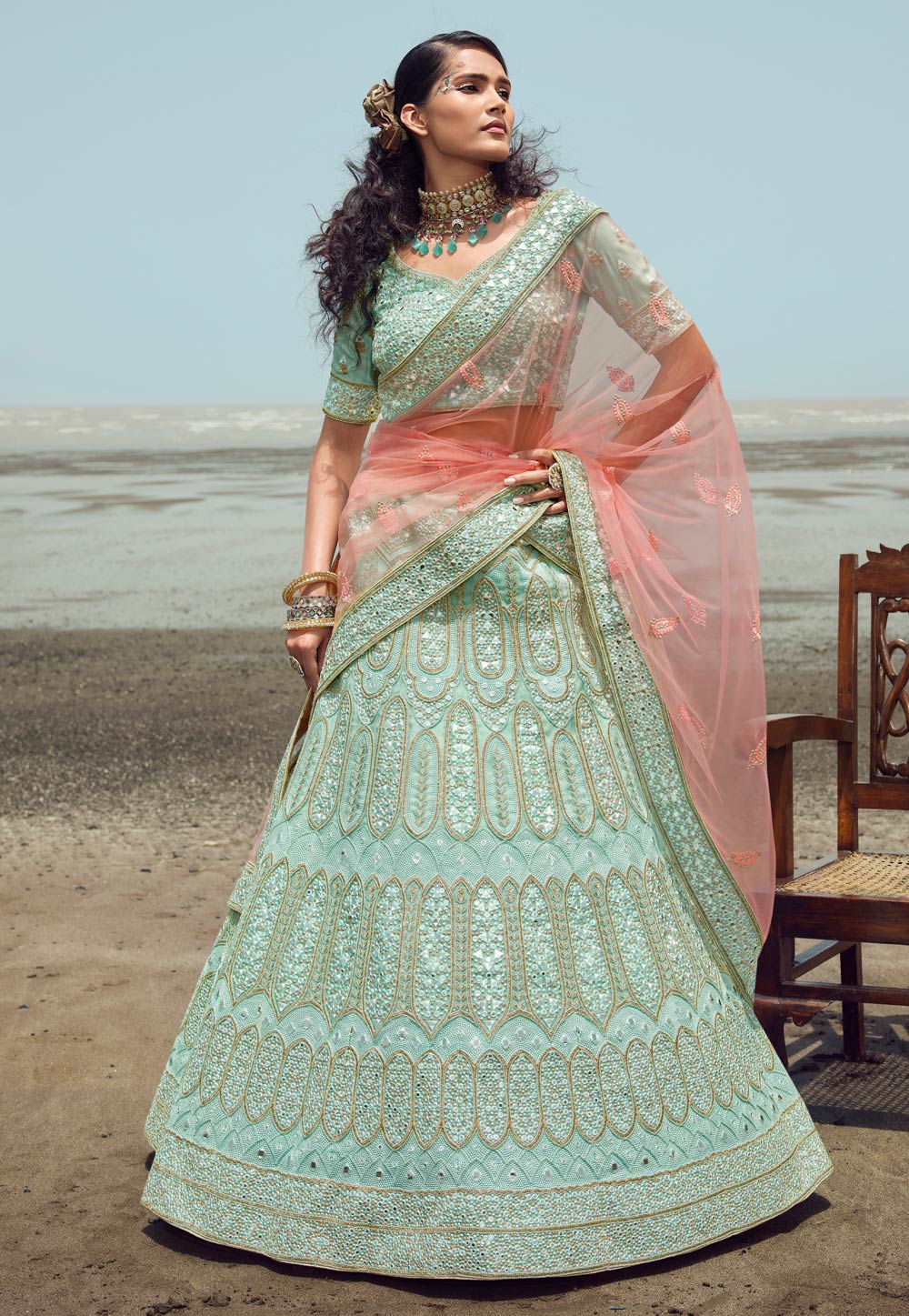 Sky Blue Organza A Line Lehenga Choli 248947